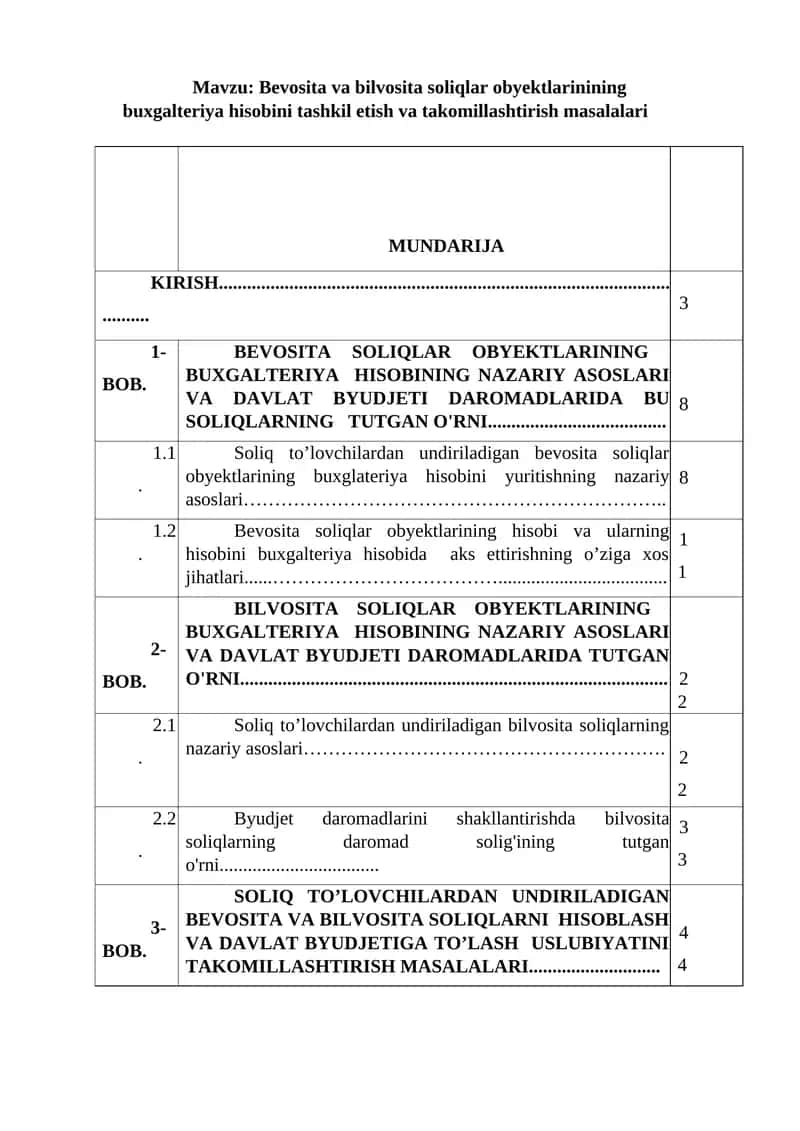 Bevosita va bilvosita soliqlar obyektlarinining buxgalteriya hisobini tashkil etish va takomillashtirish masalalari