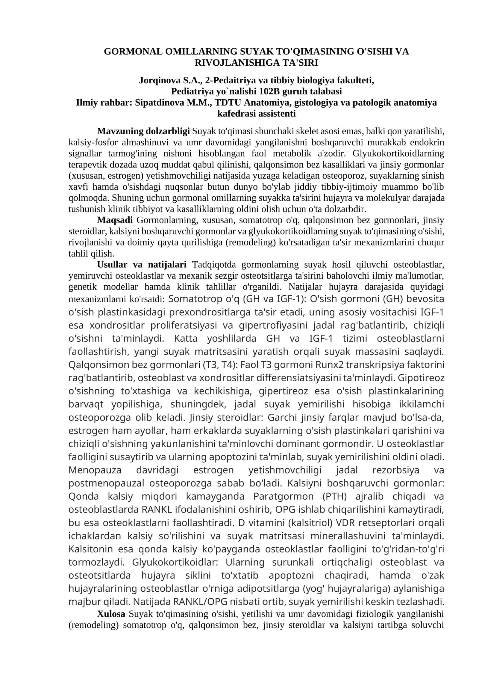 Suyak to'qimasi O'sishi va rivojlanishi