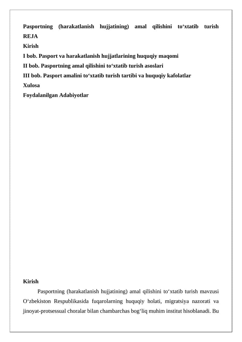 Pasportning (harakatlanish hujjatining) amal qilishini to‘xtatib turish