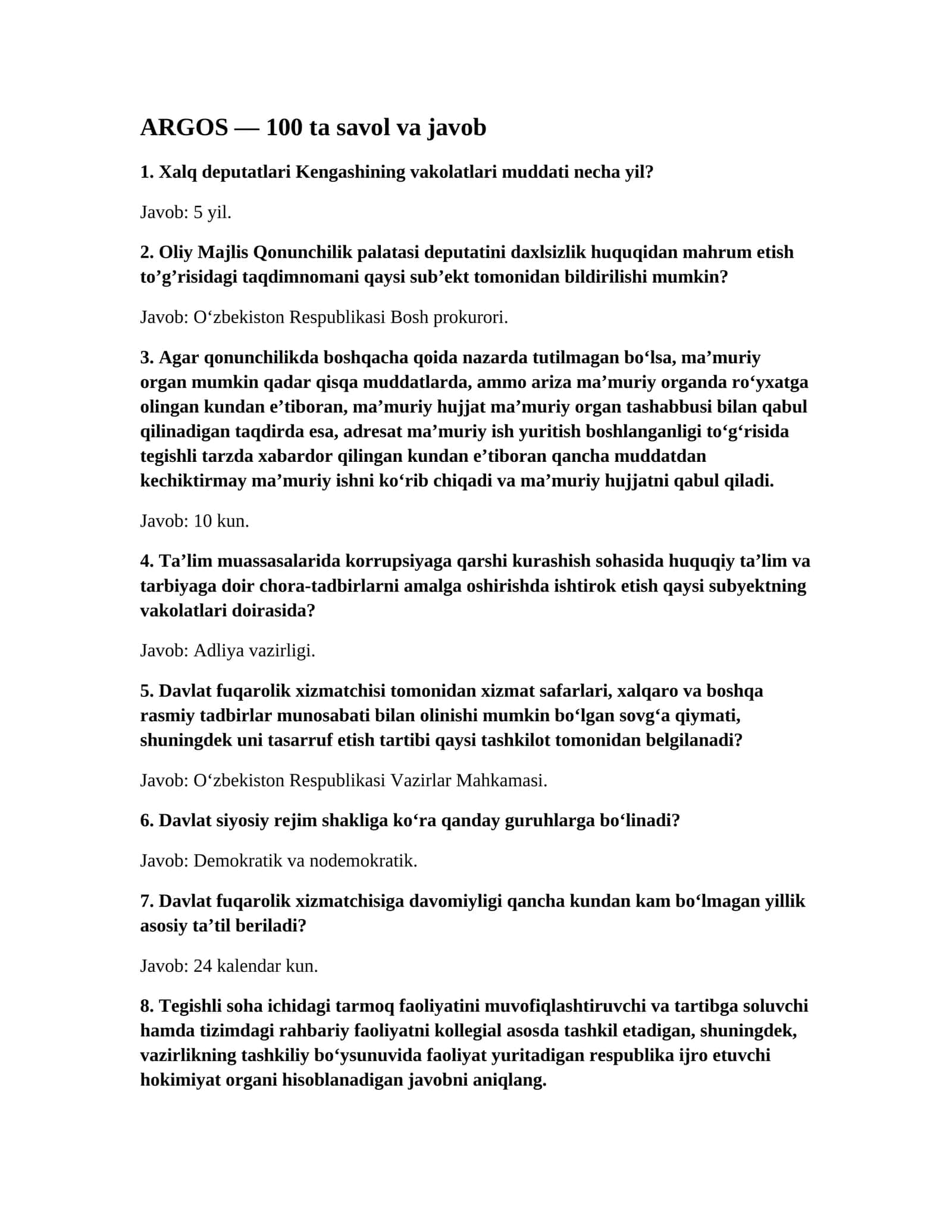 “ARGOS uchun 100 ta savol va javob — Word format”