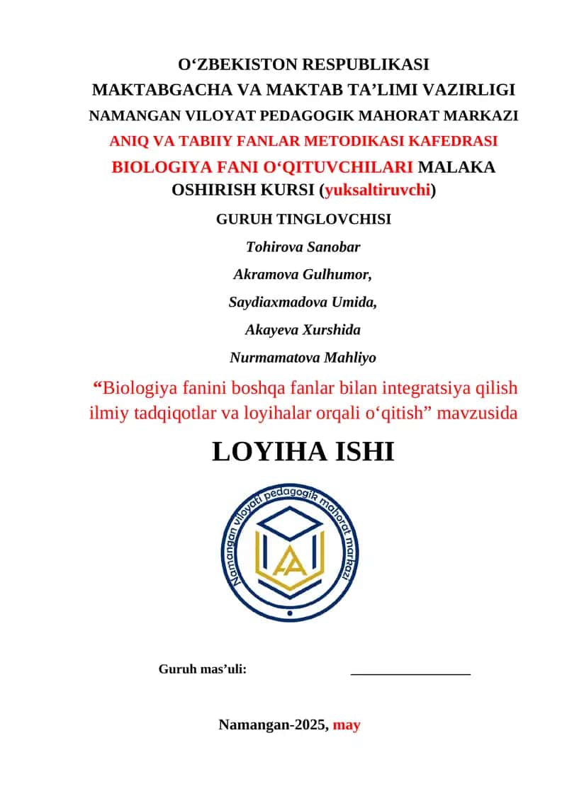 Biologiya Fani O‘qituvchilari Malaka Oshirish Kursi