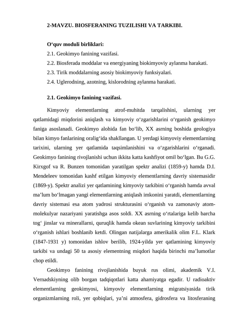 Biosferaning tuzilishi va tarkibi