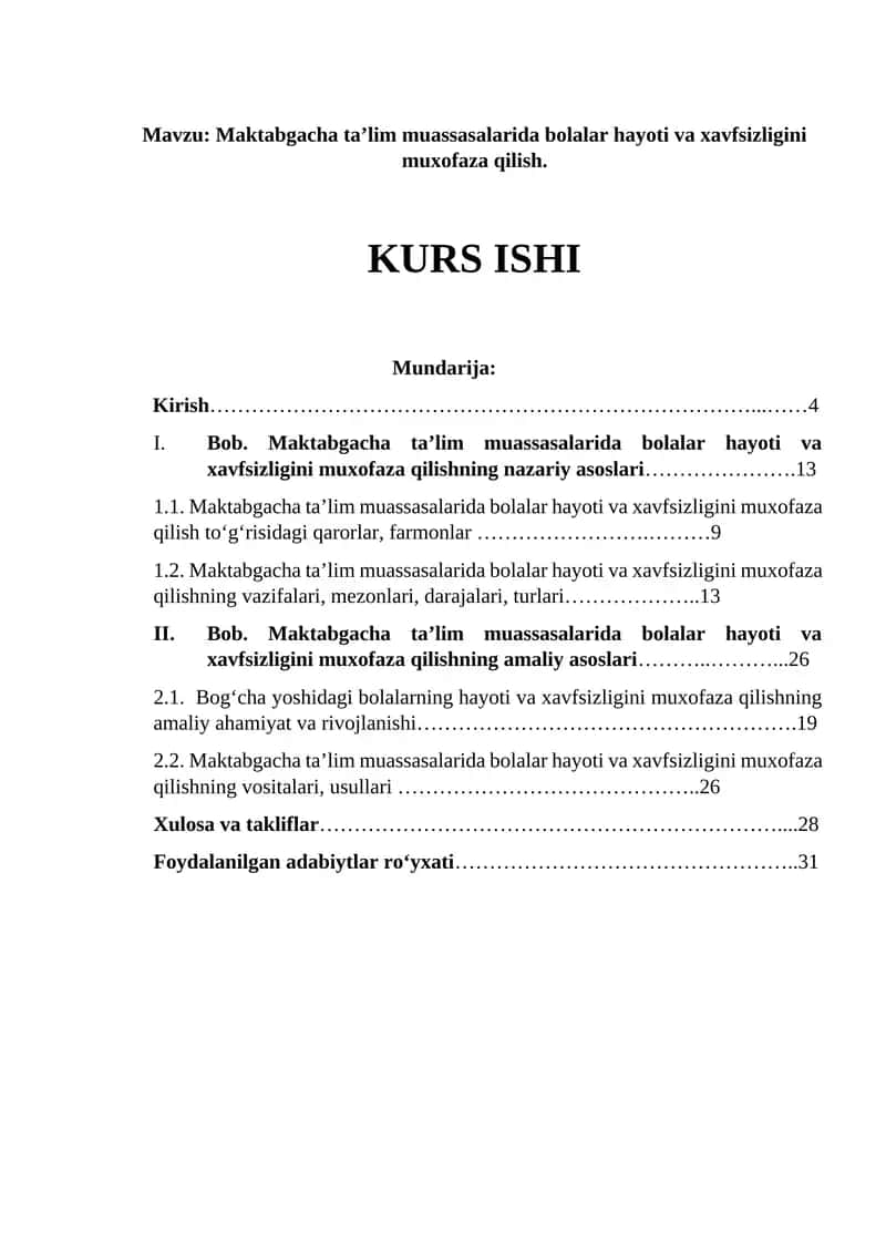 Maktabgacha ta’lim muassasalarida bolalar hayoti va xavfsizligini muxofaza qilish