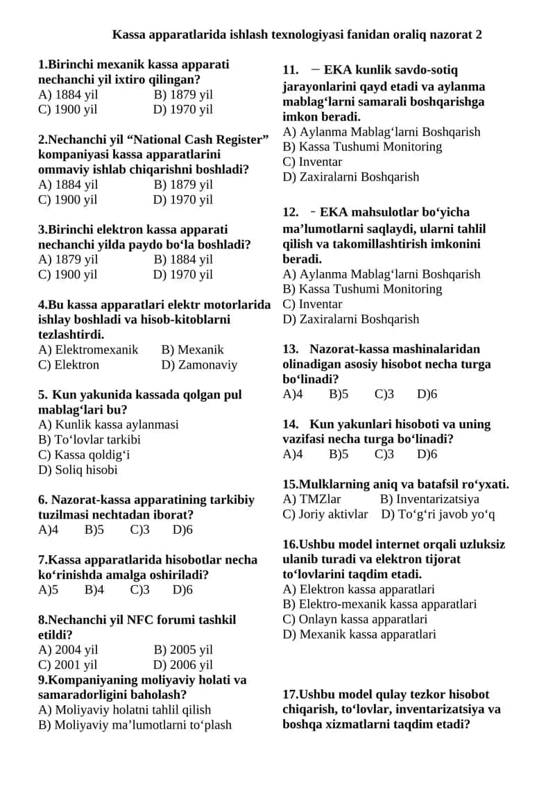 Kassa apparatlaridan ishlash texnologiyasi fanidan 2