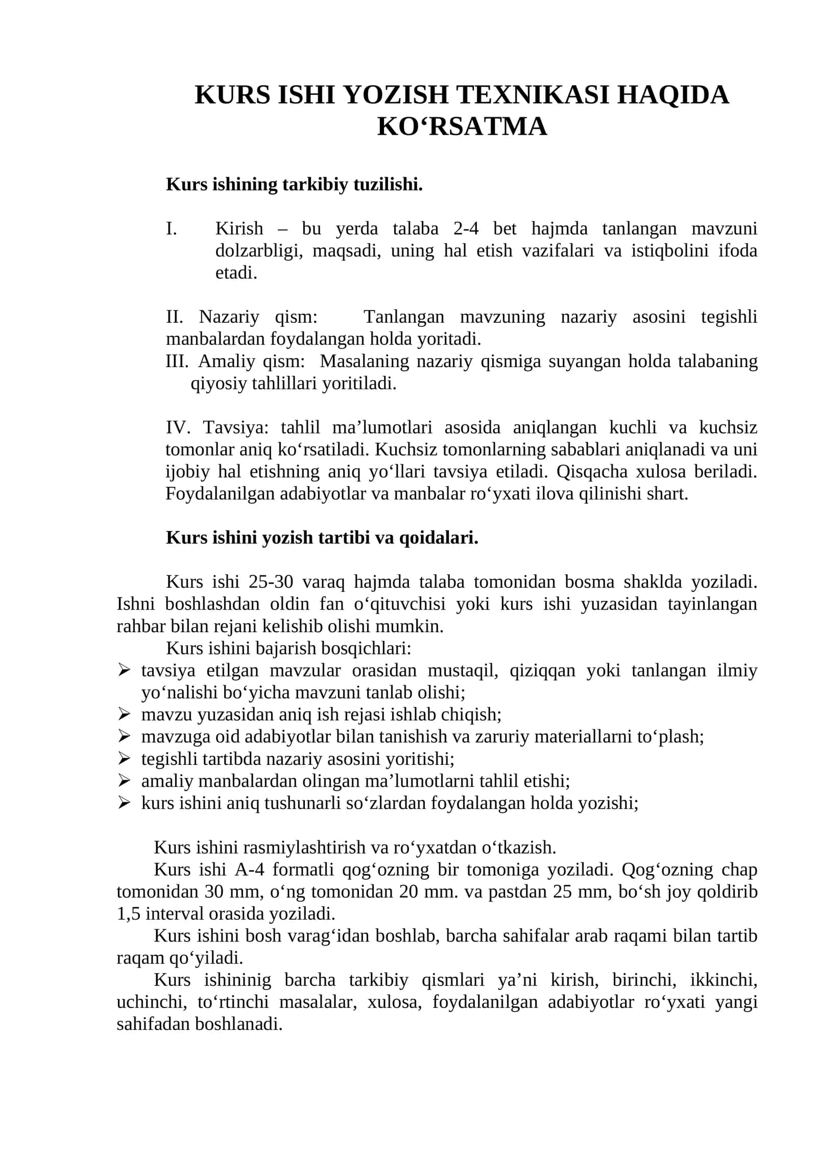 KURS ISHI YOZISH TEXNIKASI HAQIDA KO‘RSATMA