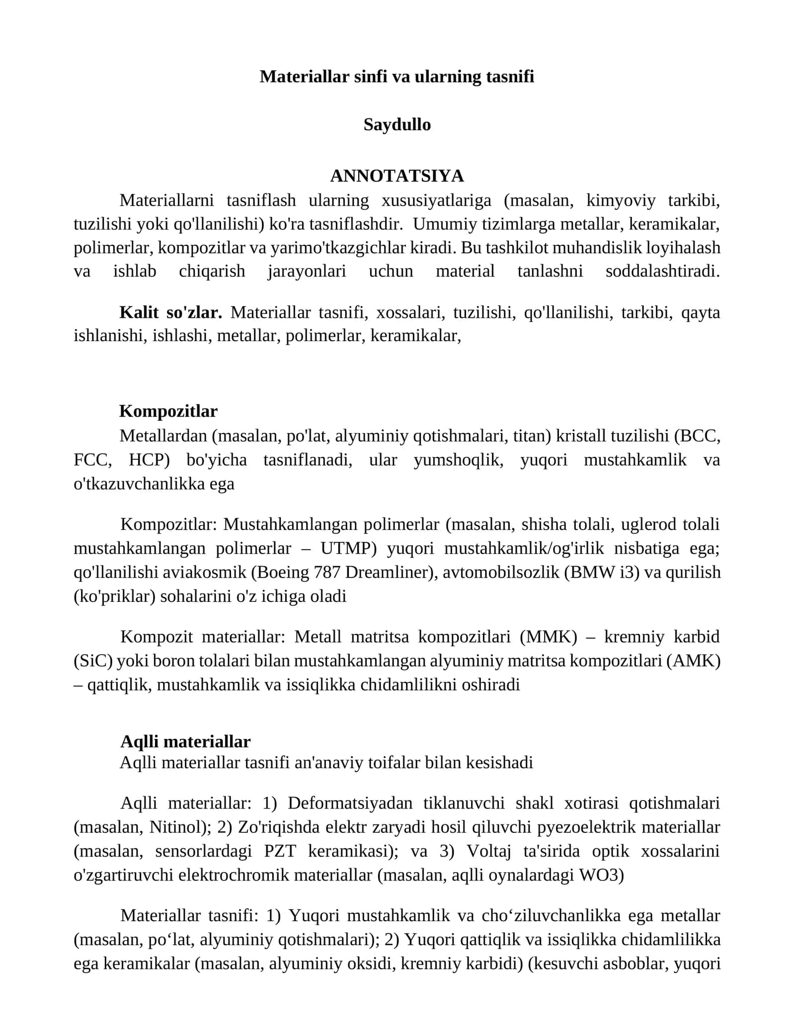 Materiallar sinfi va ularning tasnifi