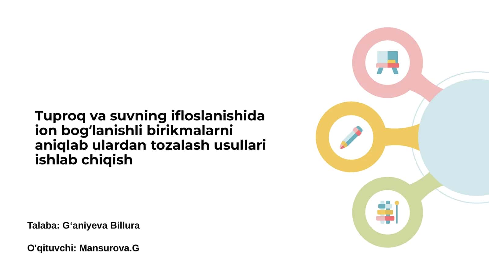 Tuproq va suvning ifloslanishida ion bogʻlanishli birikmalarni aniqlab ulardan tozalash usullari ishlab chiqish