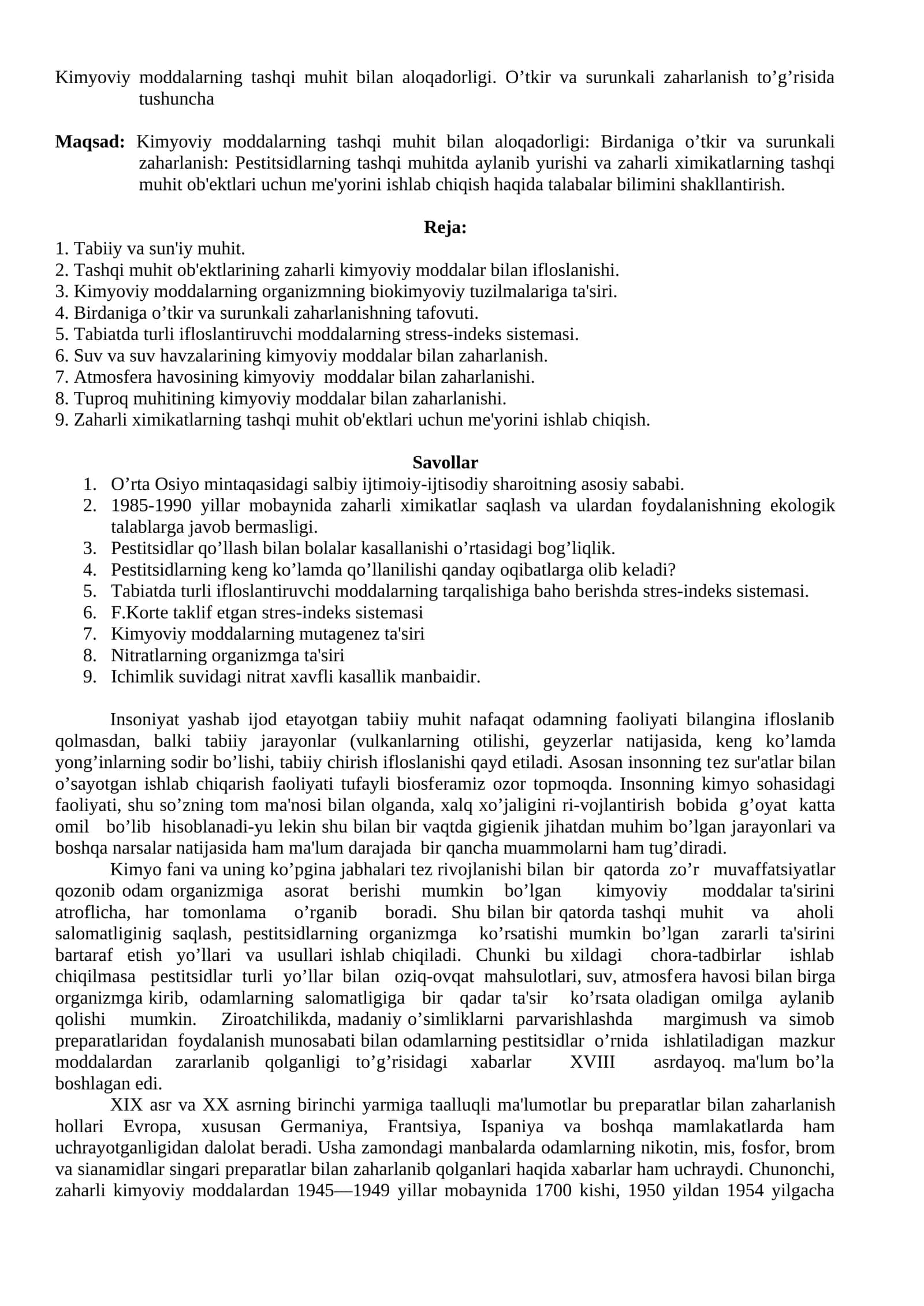 Kimyoviy moddalarning tashqi muhit bilan aloqadorligi
