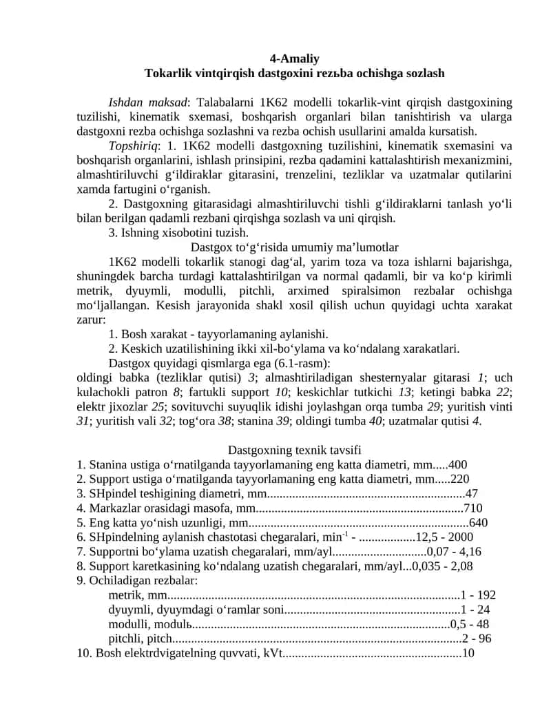 1K62 modelli tokarlik-vint qirqish dastgoxi
