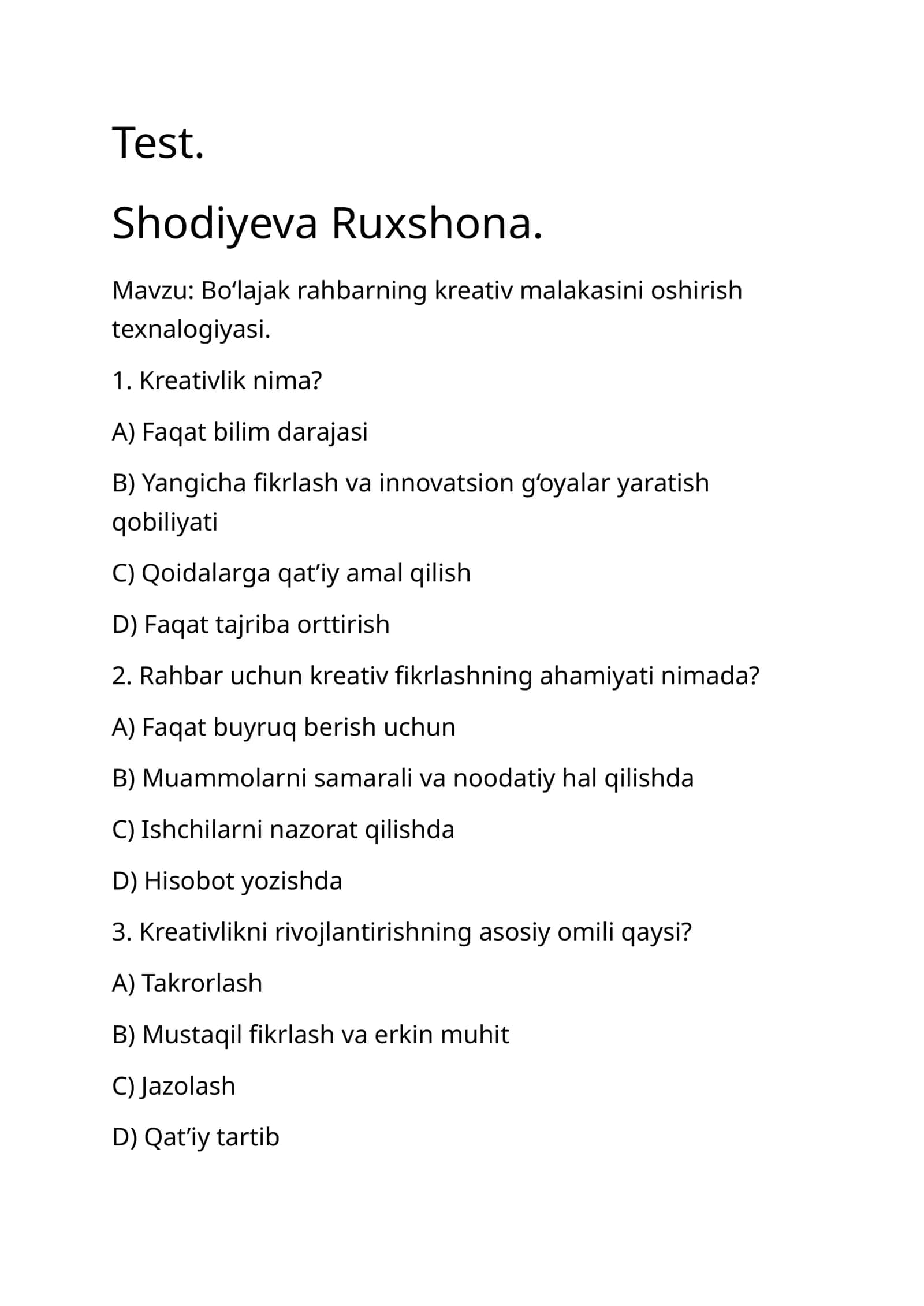 Boʻlajak rahbarning kreativ malakasini oshirish texnalogiyasi