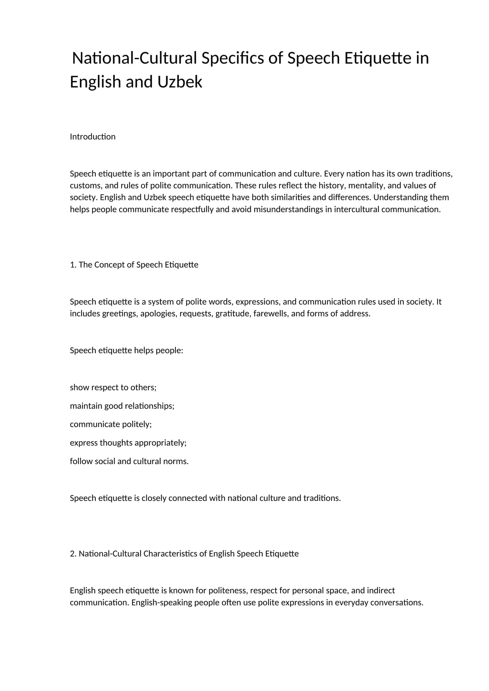 National-Cultural Specifics of Speech Etiquette in English and Uzbek