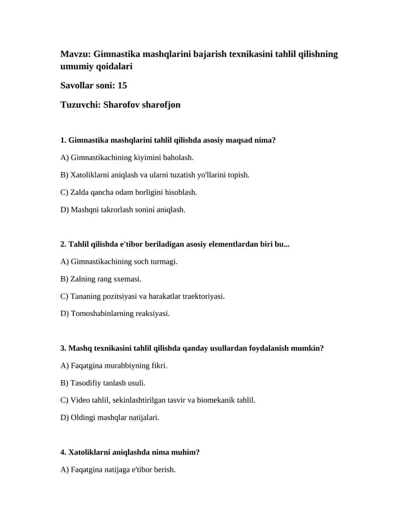 Gimnastika mashqlarini bajarish texnikasini tahlil qilishning umumiy qoidalari
