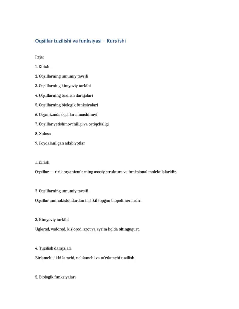 Oqsillar tuzilishi va funksiyasi – Kurs ishi