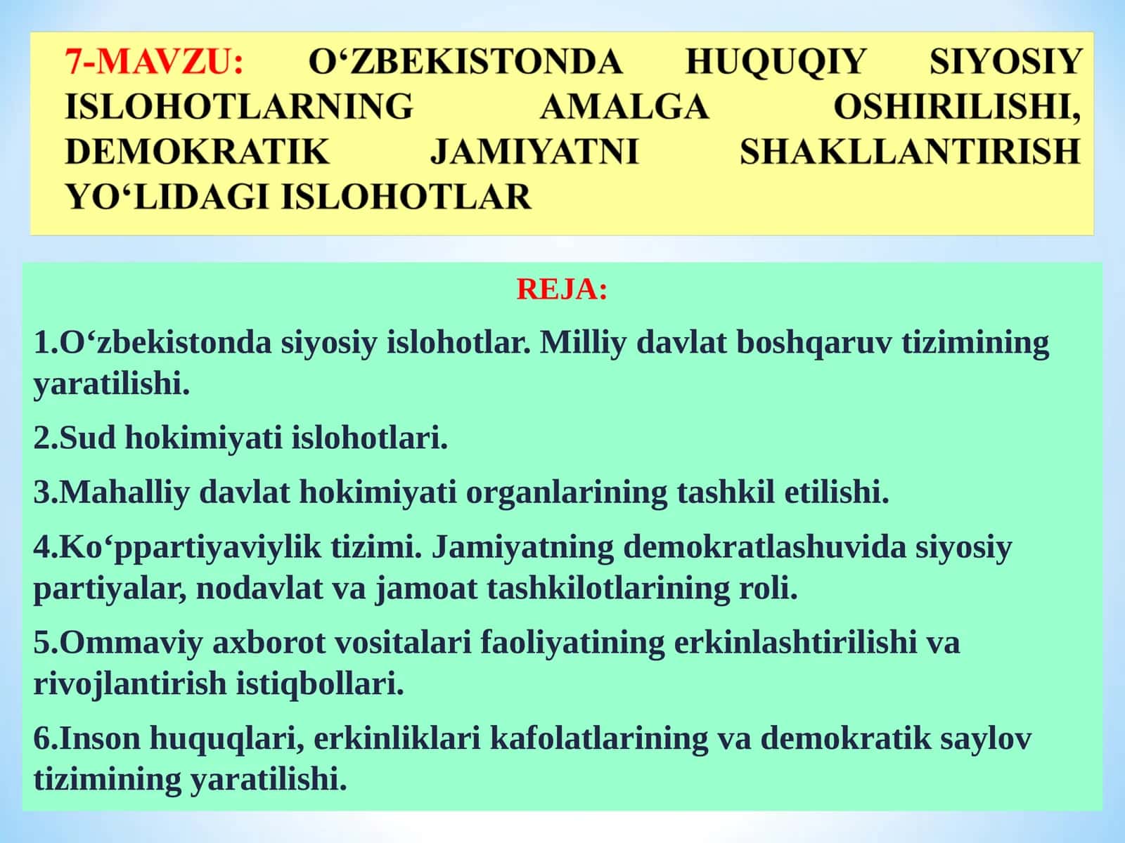 О‘ZBEKISTONDA HUQUQIY SIYOSIY ISLOHOTLARNING AMALGA OSHIRILISHI, DEMOKRATIK JAMIYATNI SHAKLLANTIRISH YО‘LIDAGI ISLOHOTLAR