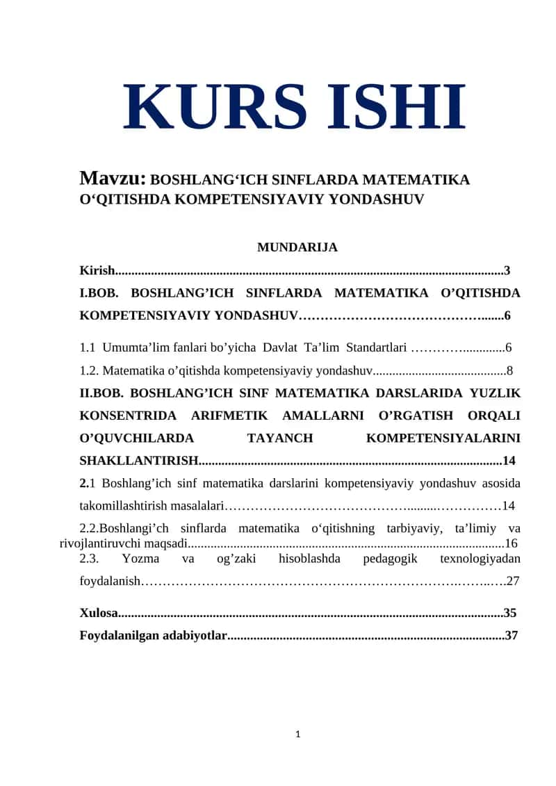 BOSHLANG‘ICH SINFLARDA MATEMATIKA O‘QITISHDA KOMPETENSIYAVIY YONDASHUV