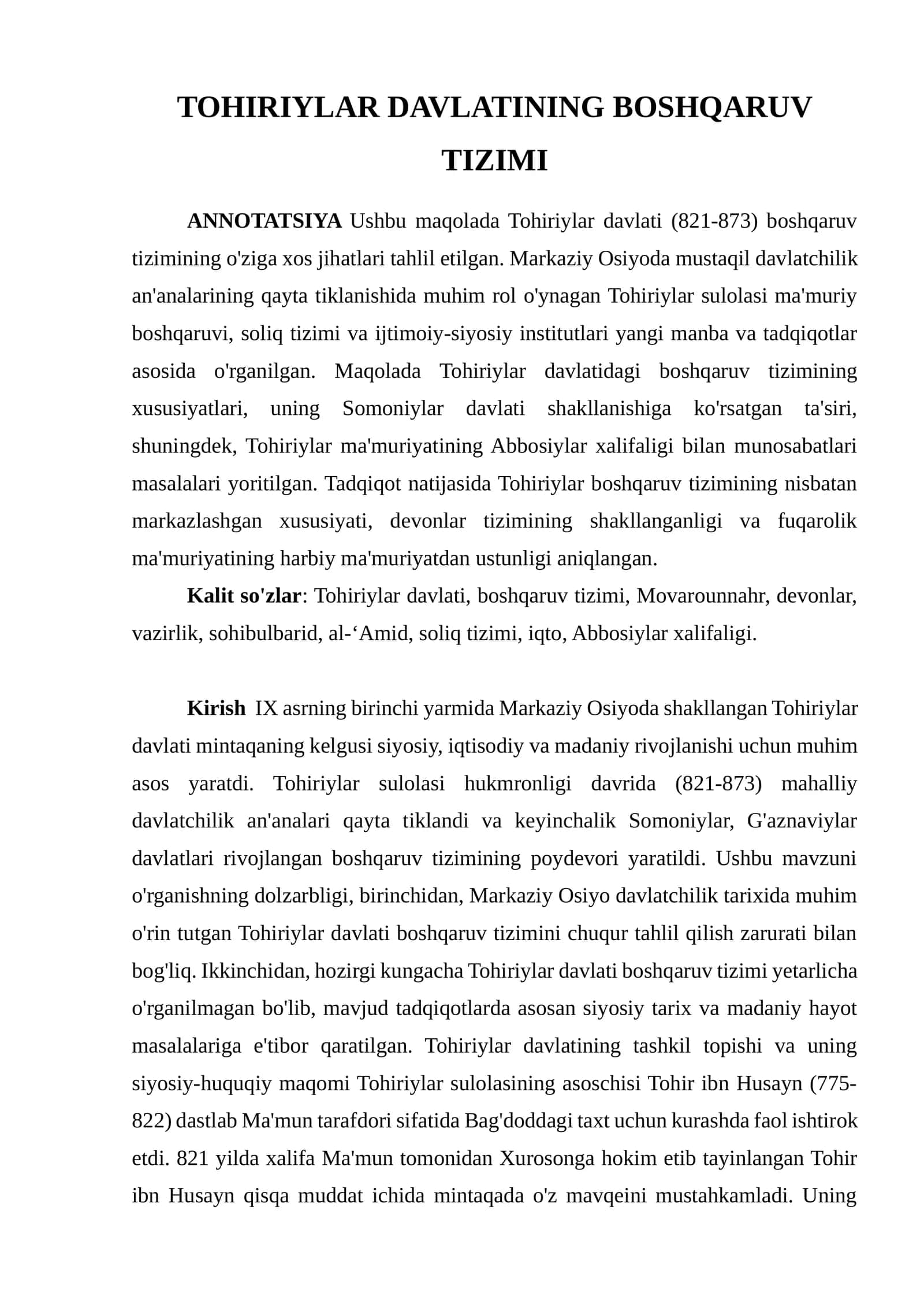 TOHIRIYLAR DAVLATINING BOSHQARUV TIZIMI