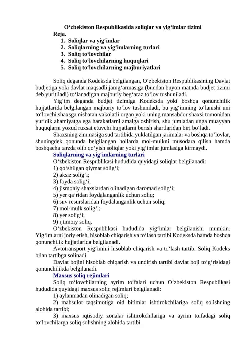 Soliqlar va yig'imlar tizimi