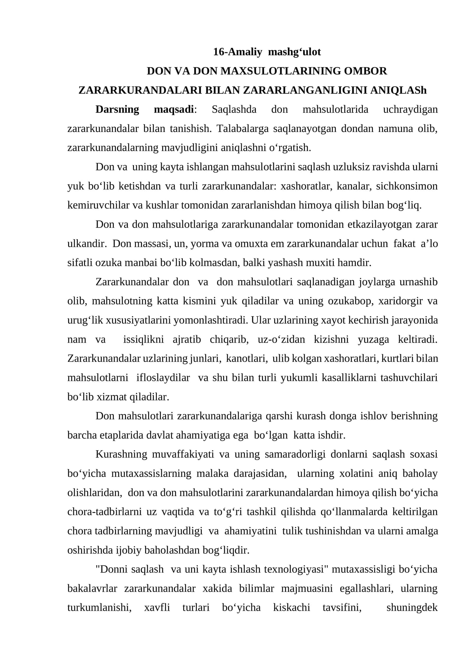 DON VA DON MAXSULOTLARINING OMBOR ZARARKURANDALARI BILAN ZARARLANGANLIGINI ANIQLASh