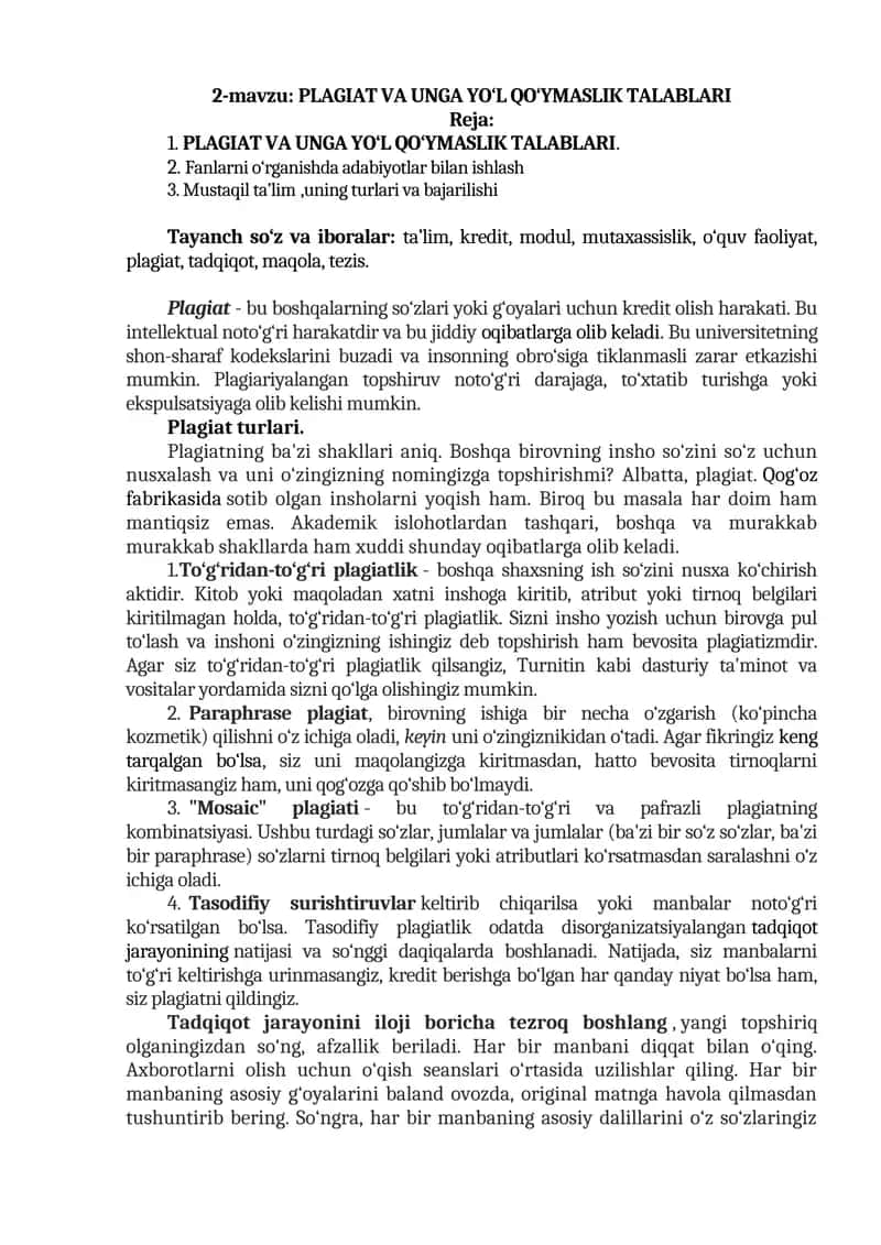 2-mavzu: PLAGIAT VA UNGA YO‘L QO‘YMASLIK TALABLARI