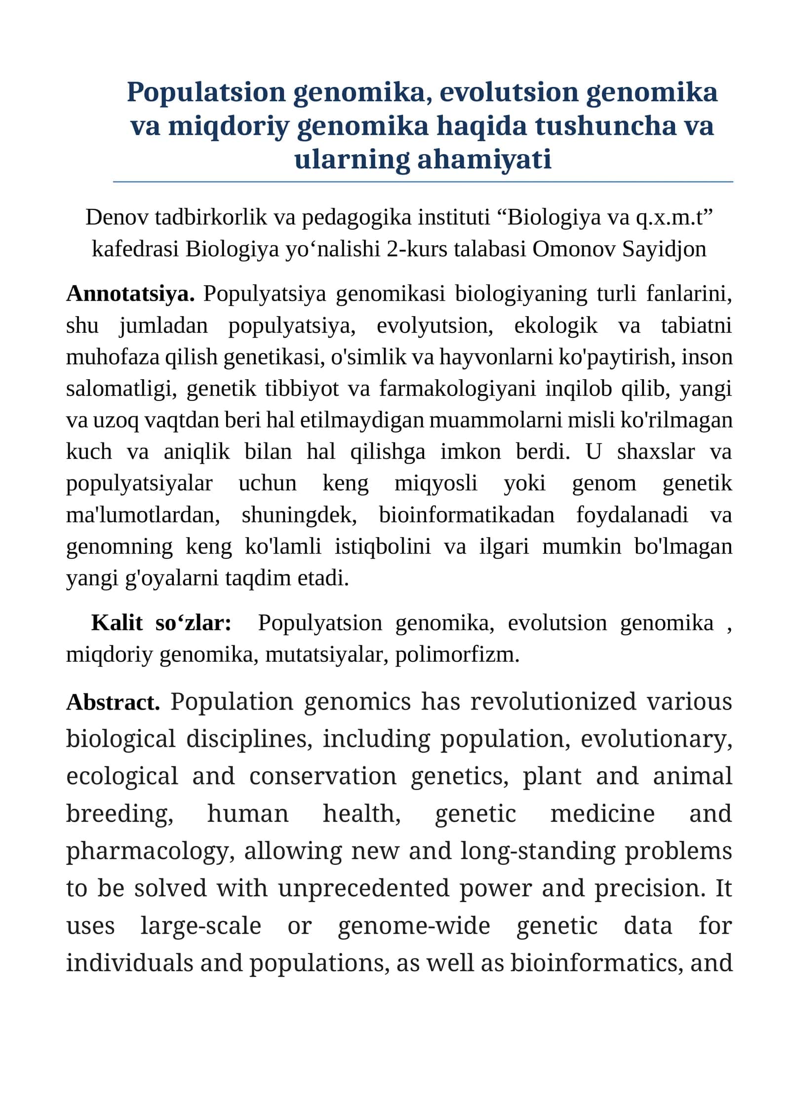 Populyatsiya genomikasi, evolyutsion genomikasi va miqdoriy genomika haqida tushuncha va ularning ahamiyati
