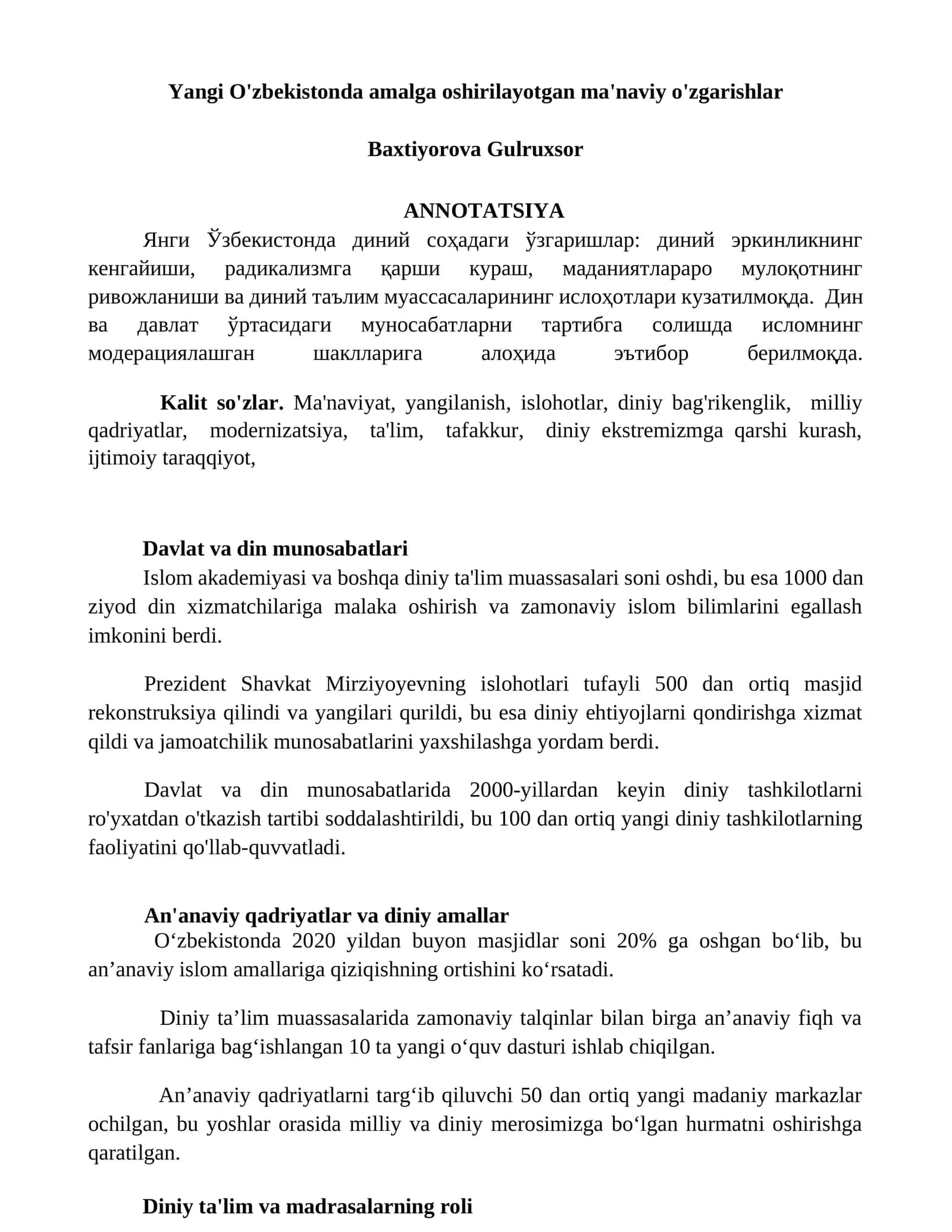 Yangi O'zbekistonda amalga oshirilayotgan ma'naviy o'zgarishlar