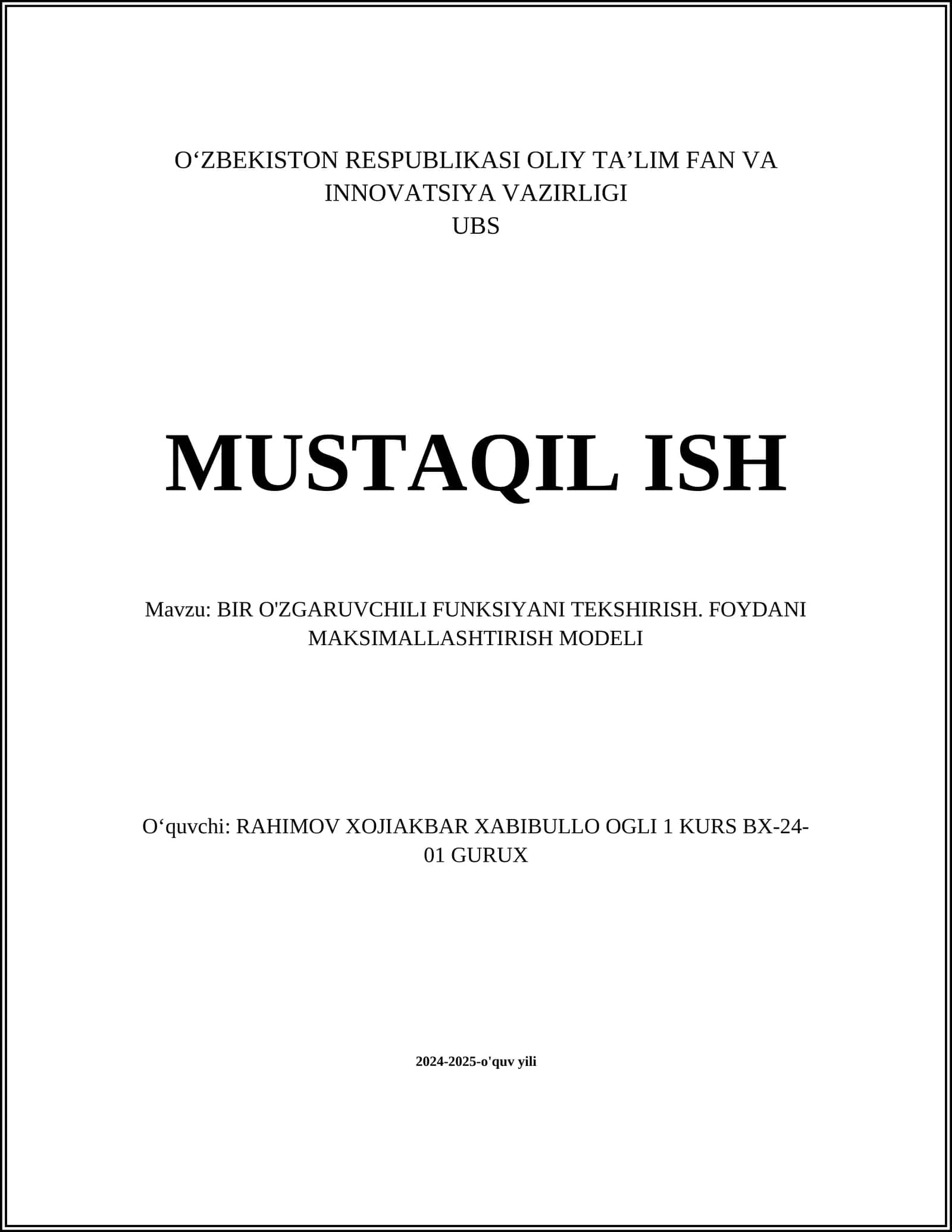 BIR O'ZGARUVCHILI FUNKSIYANI TEKSHIRISH. FOYDANI MAKSIMALLASHTIRISH MODELI