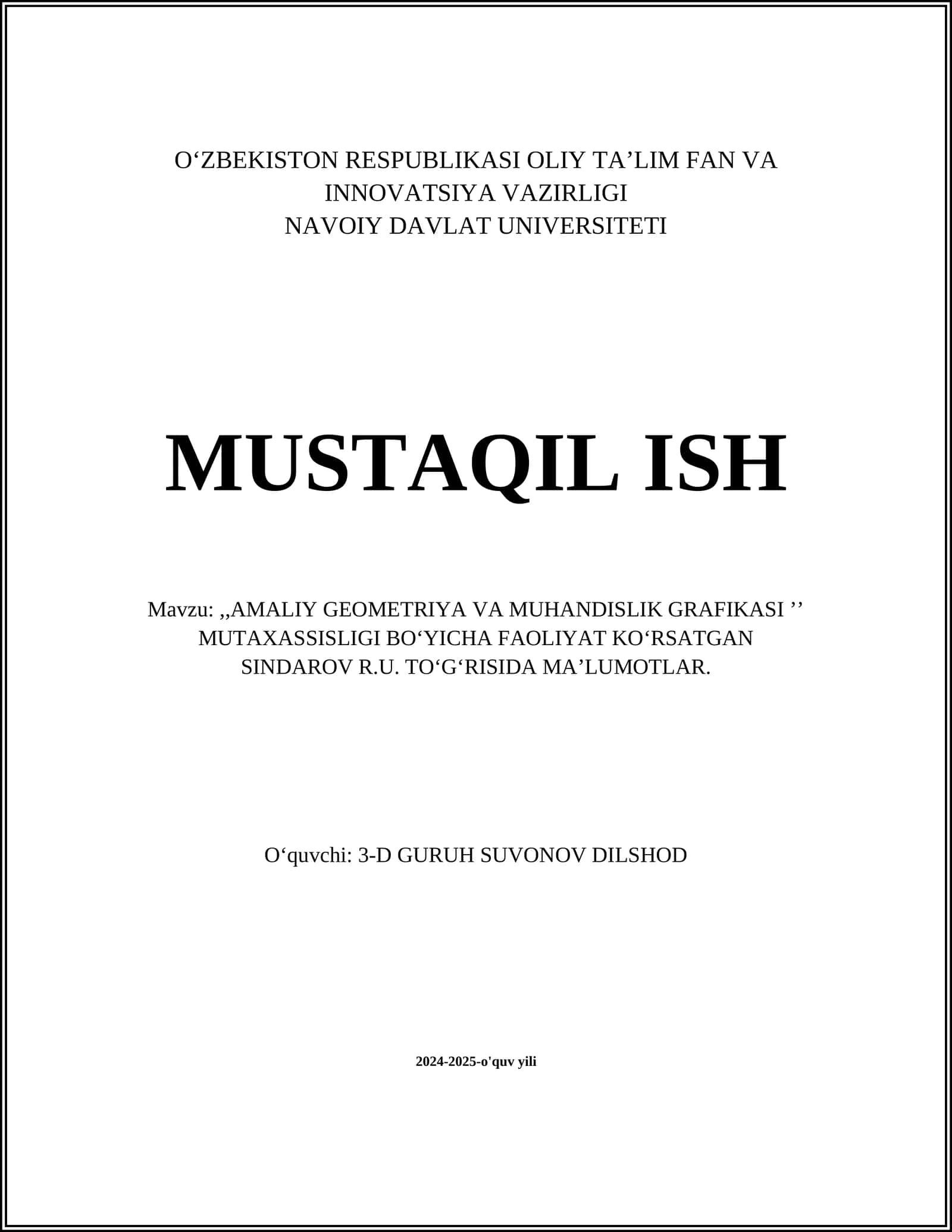 AMALIY GEOMETRIYA VA MUHANDISLIK GRAFIKASI ʼʼ MUTAXASSISLIGI