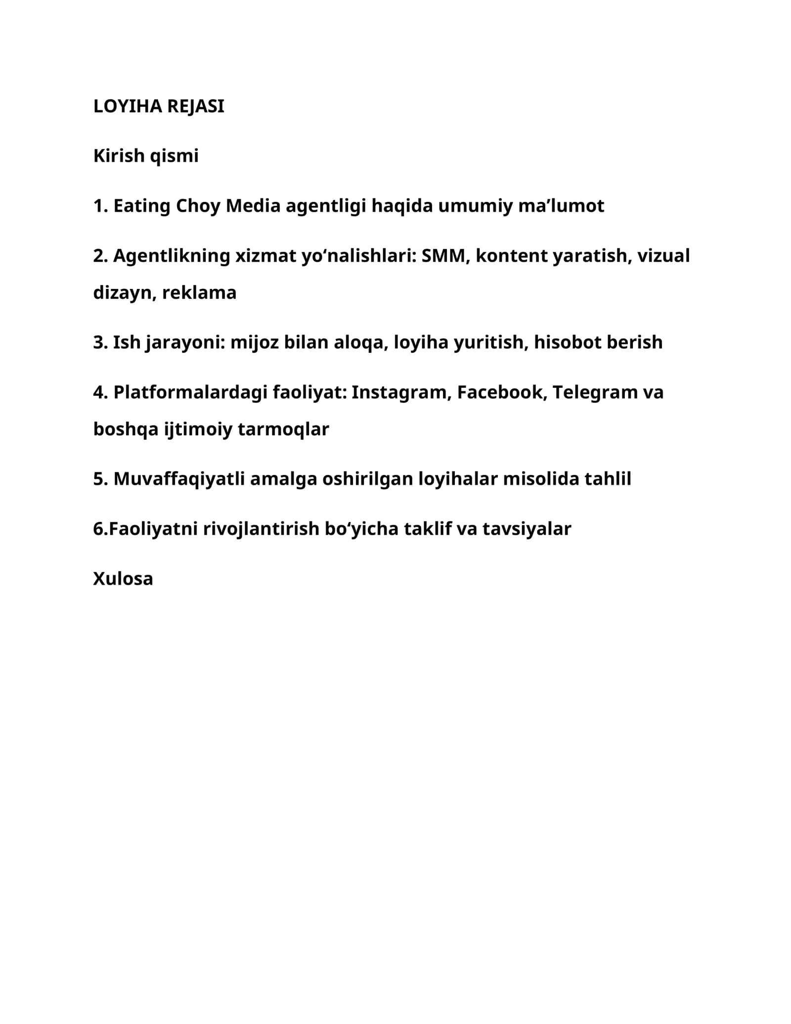 "Eating Media-choy" agentligi korxonasining ish LOYIHA REJASI