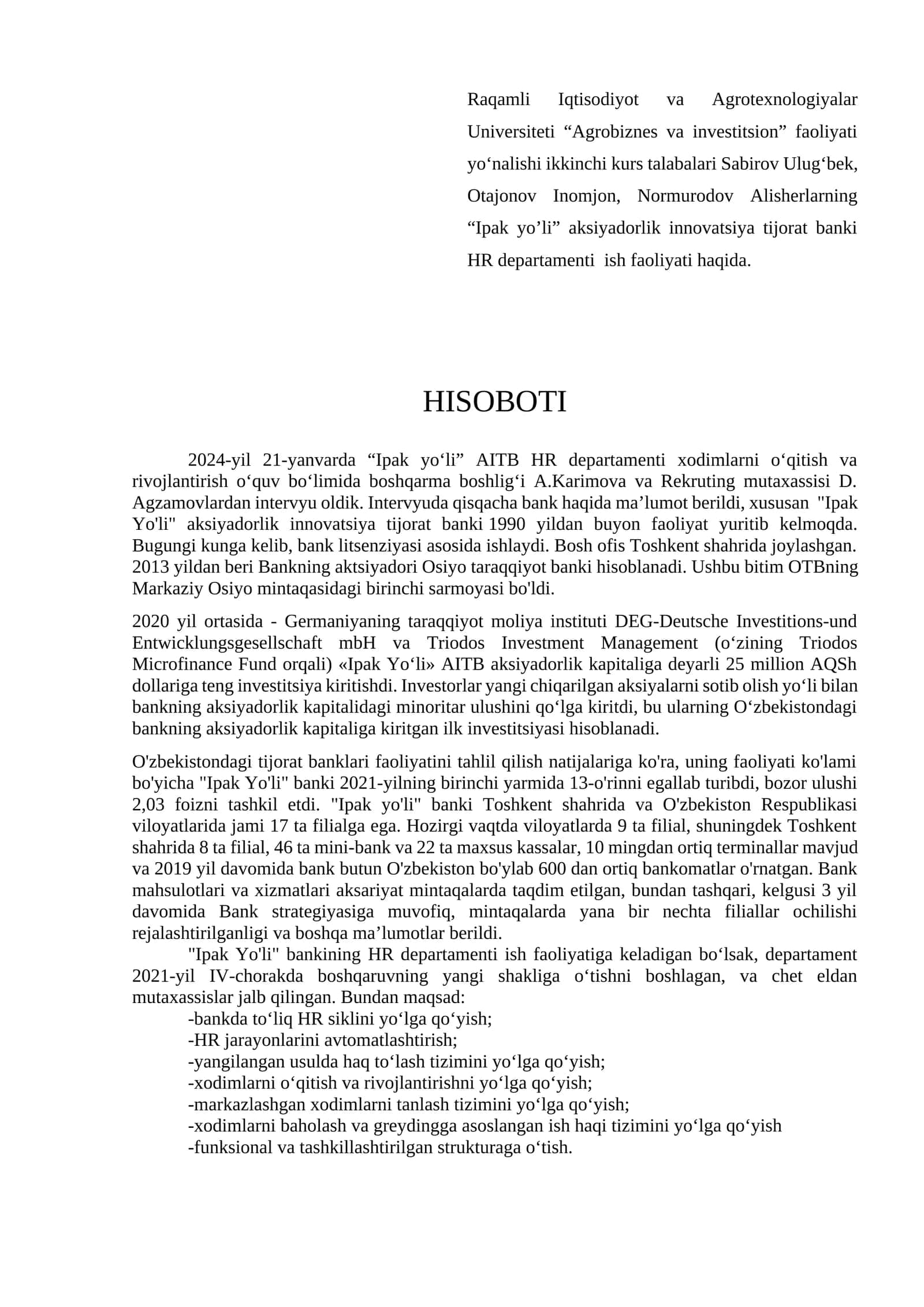 “Ipak yo’li” aksiyadorlik innovatsiya tijorat banki HR departamenti ish faoliyati
