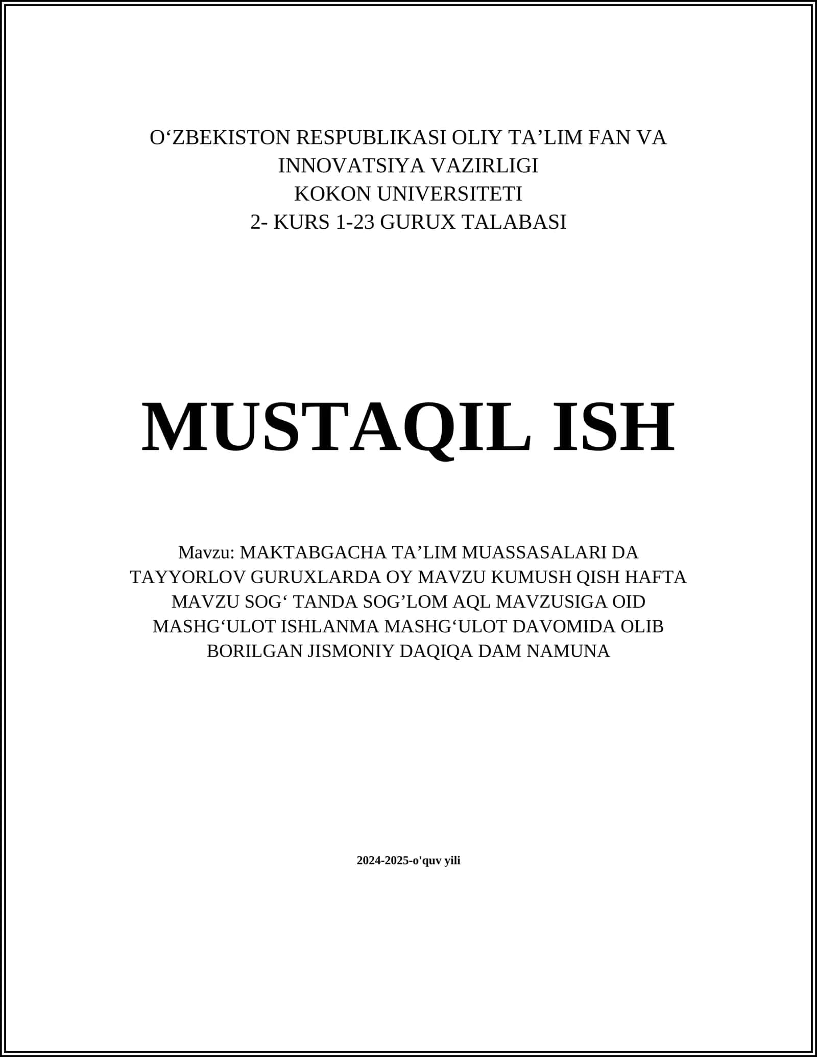 MAKTABGACHA TAʼLIM MUASSASALARI DA TAYYORLOV GURUXLARDA OY MAVZU KUMUSH QISH HAFTA MAVZU SOGʻ TANDA SOGʼLOM AQL MAVZUSIGA OID MASHGʻULOT ISHLANMA MASHGʻULOT DAVOMIDA OLIB BORILGAN JISMONIY DAQIQA DAM NAMUNA