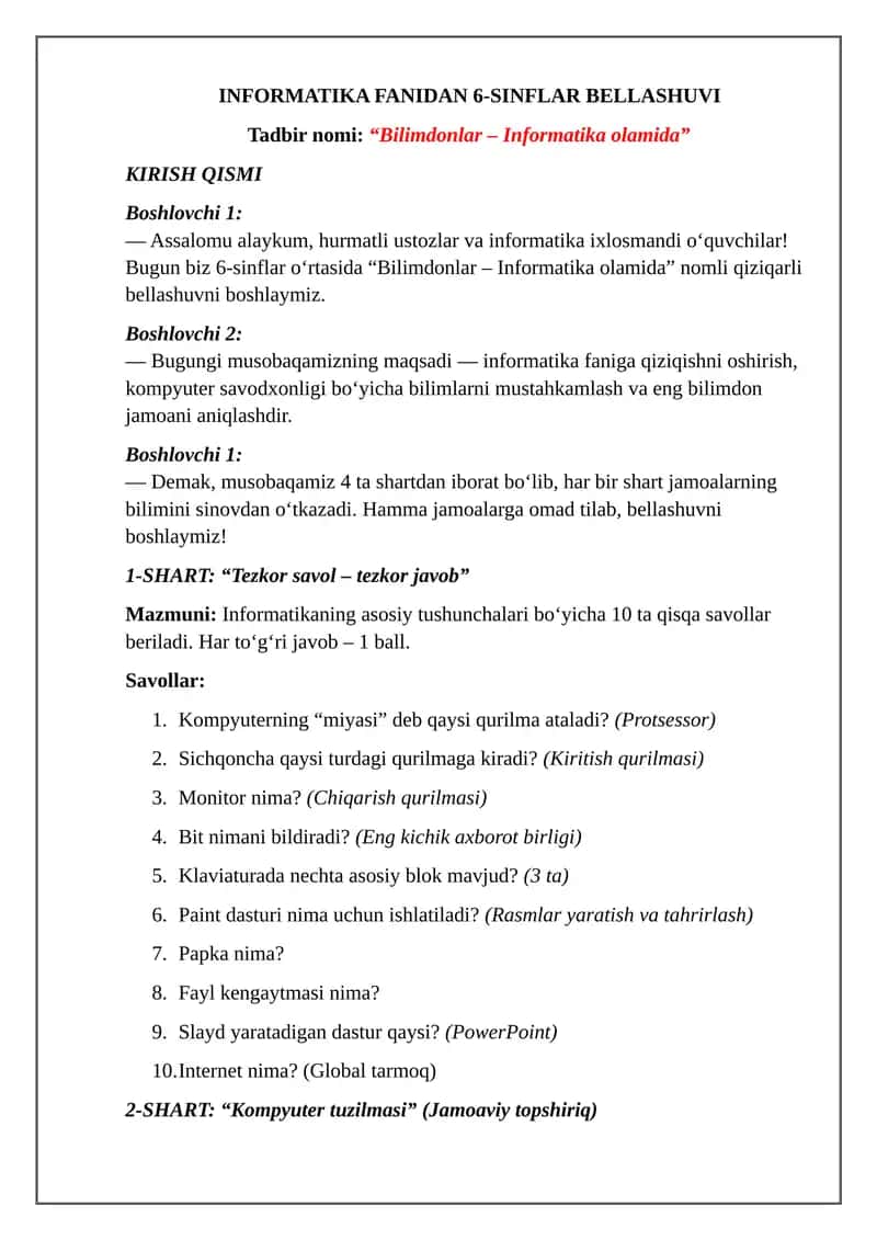 INFORMATIKA FANIDAN 6-SINFLAR BELLASHUVI