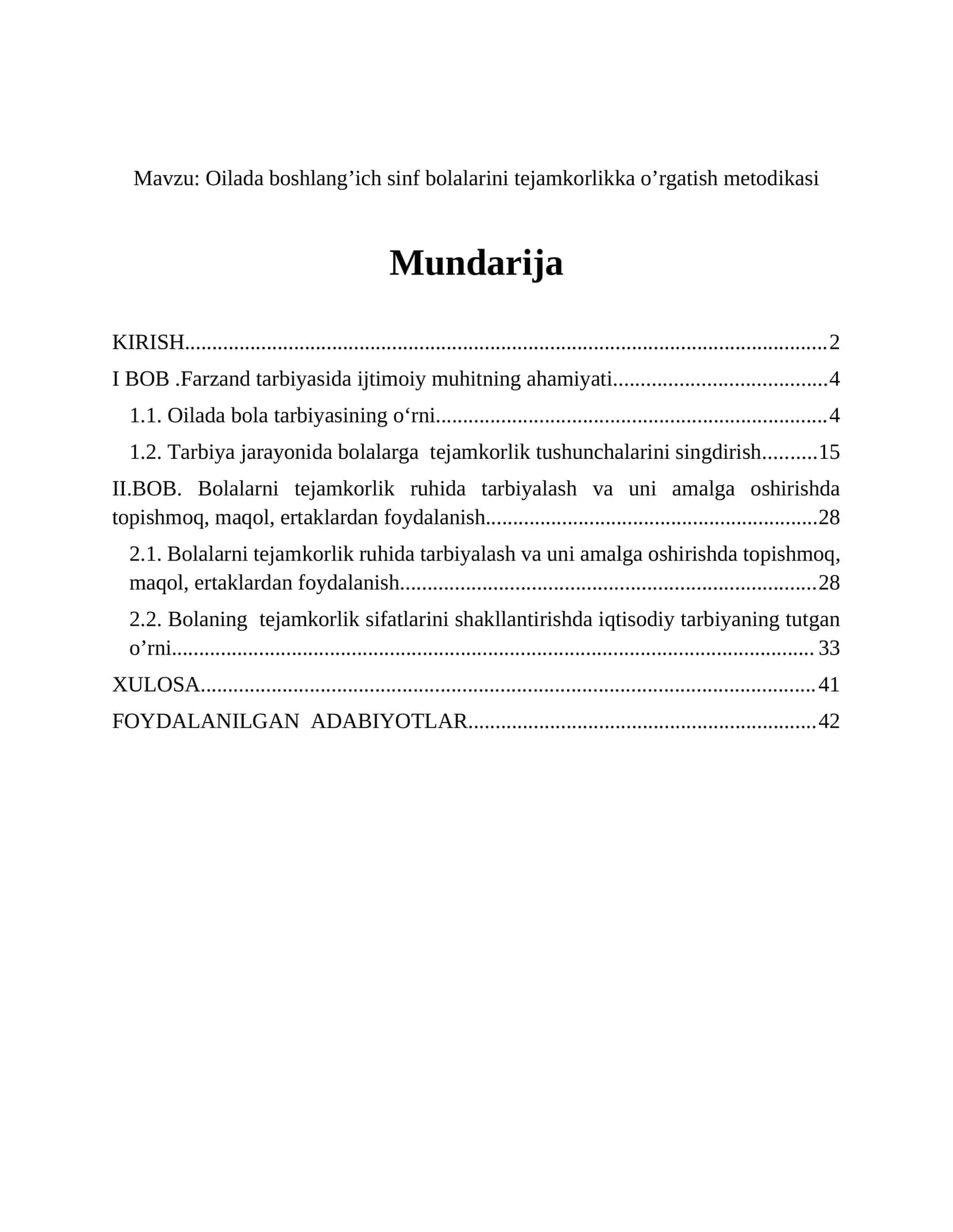 Oilada boshlang’ich sinf bolalarini tejamkorlikka o’rgatish metodikasi