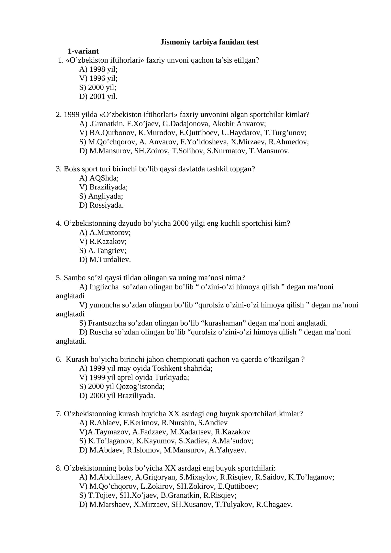 Jismoniy tarbiya fanidan test