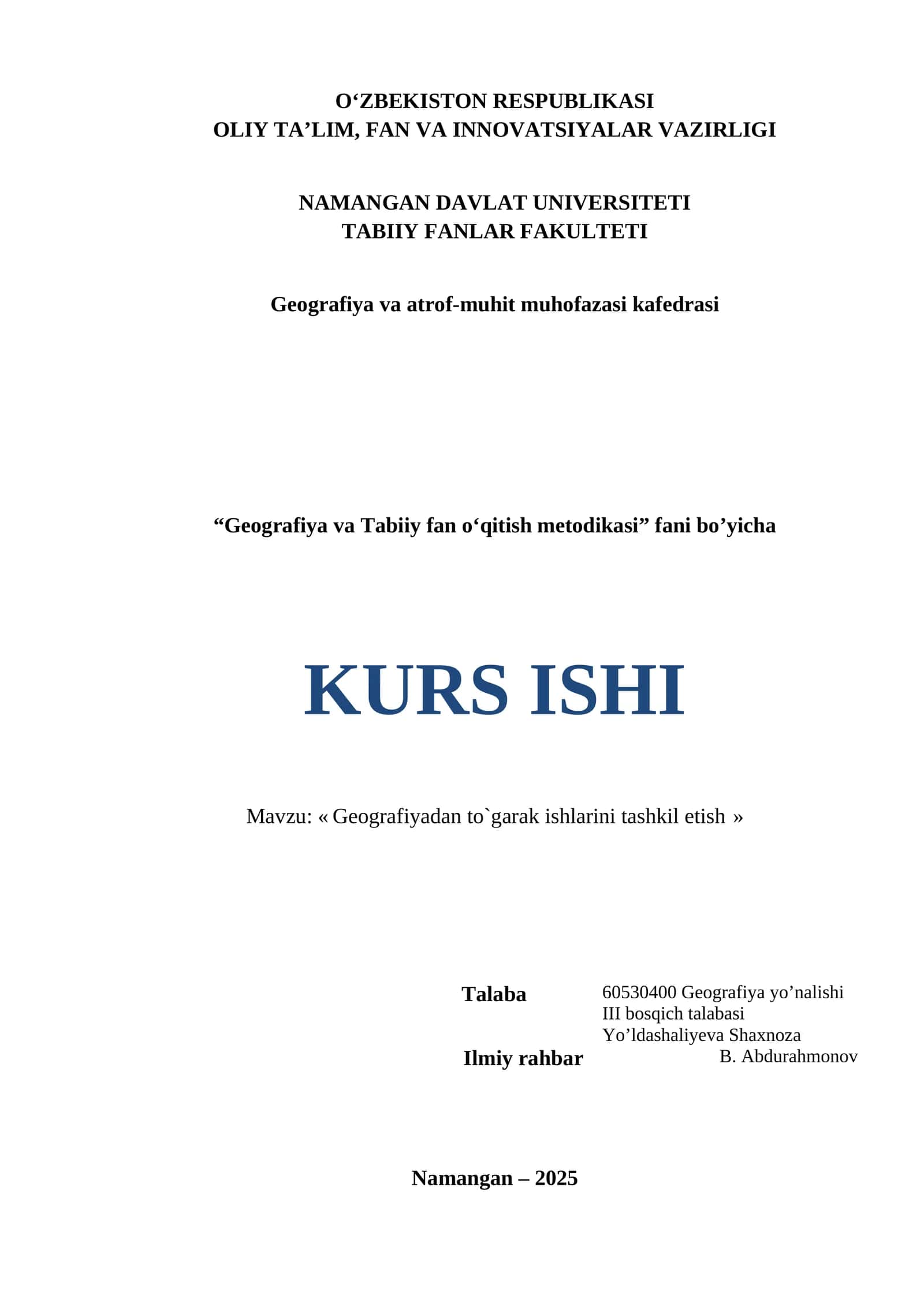Geografiya va Tabiiy fan o'qitish metodikasi