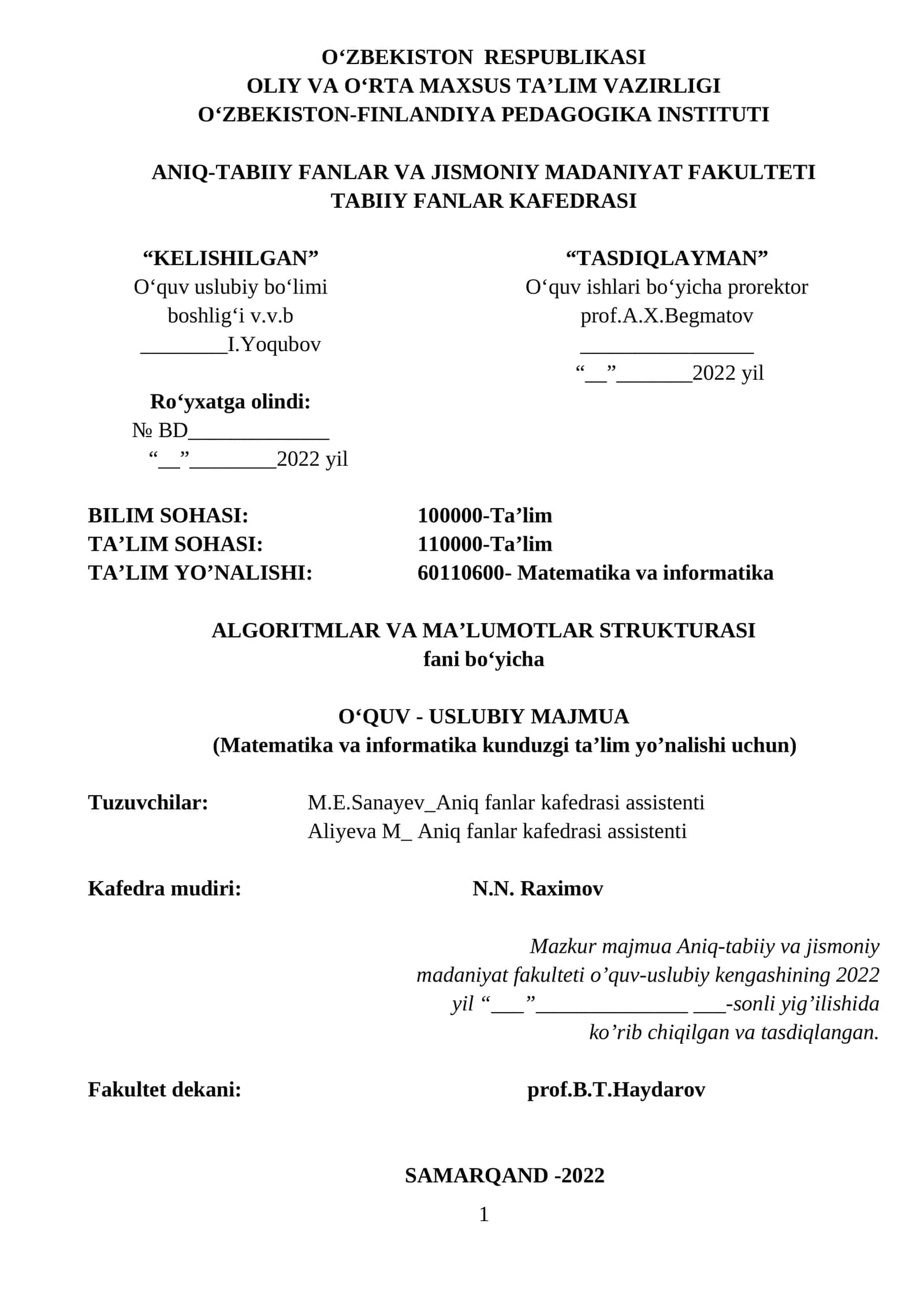 ALGORITMLAR VA MA’LUMOTLAR STRUKTURASI