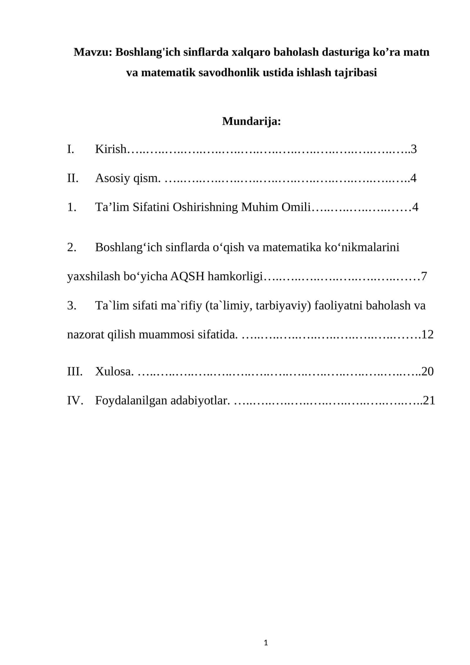 Boshlang'ich sinflarda xalqaro baholash dasturiga ko’ra matn va matematik savodhonlik ustida ishlash tajribasi
