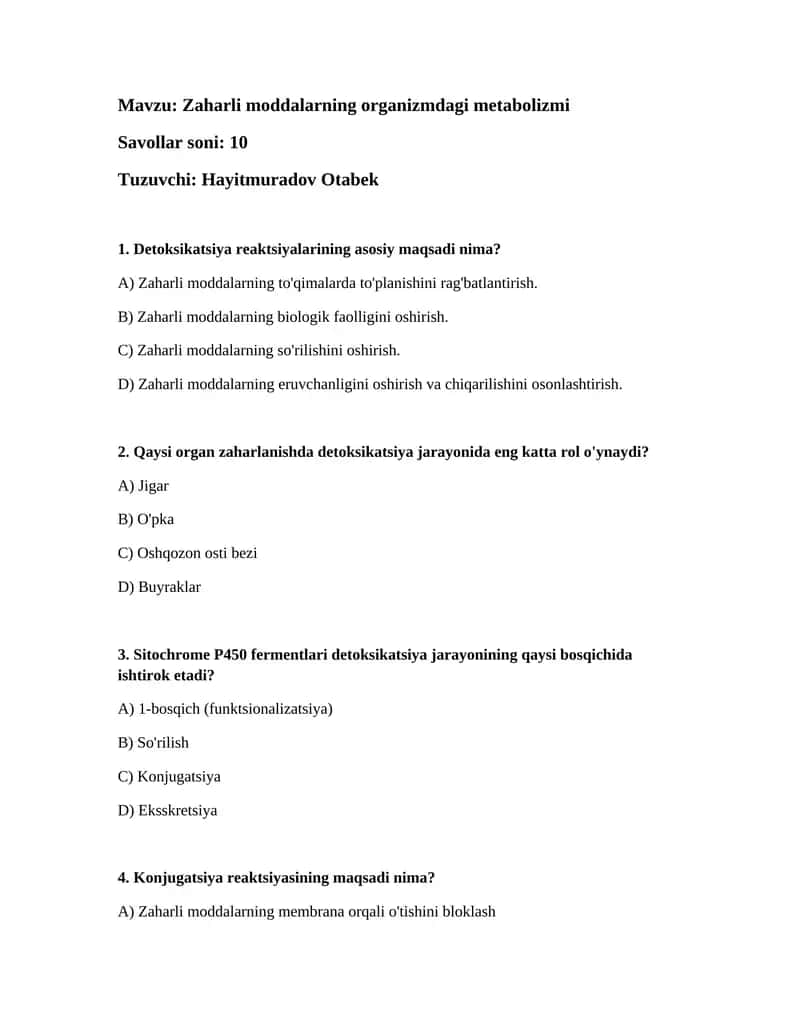 Zaharli moddalarning organizmdagi metabolizmi