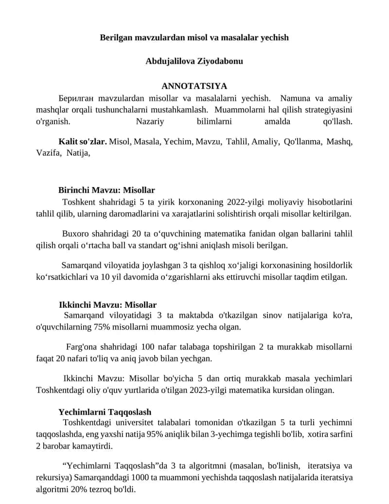 Berilgan mavzulardan misol va masalalar yechish