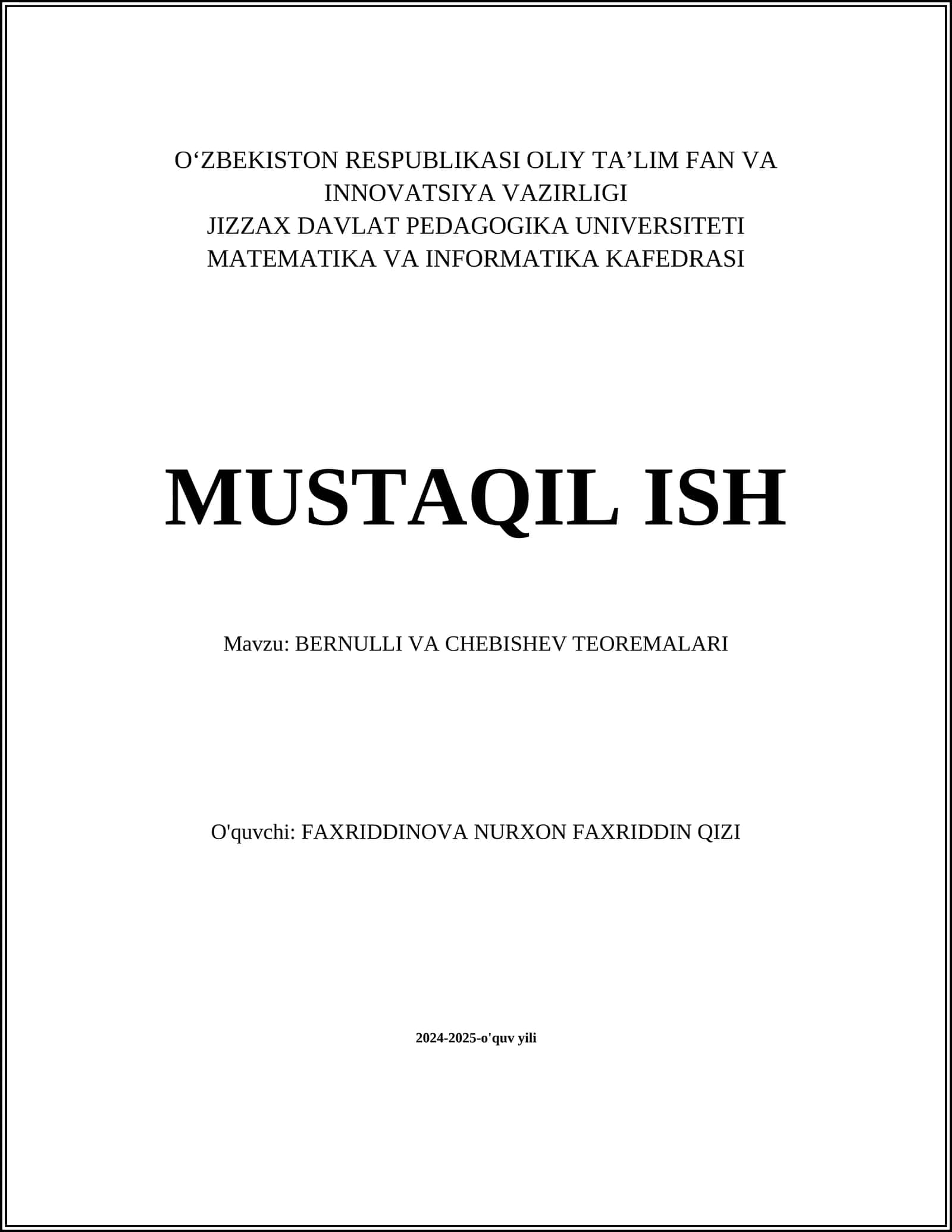 BERNULLI VA CHEBISHEV TEOREMALARI