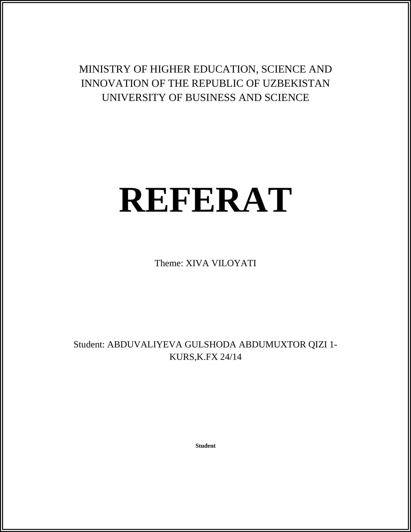 REFERAT Theme: XIVA VILOYATI