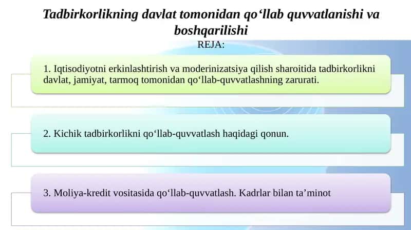 Tadbirkorlikning davlat tomonidan qo‘llab quvvatlanishi va boshqarilishi