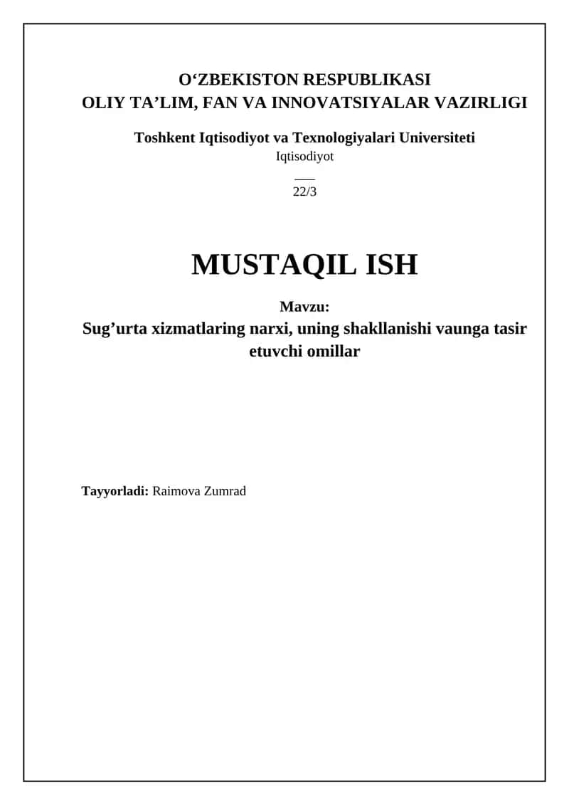 Sug'urta xizmatlari narxi: Umumiy tushuncha va shakllanish mexanizmi