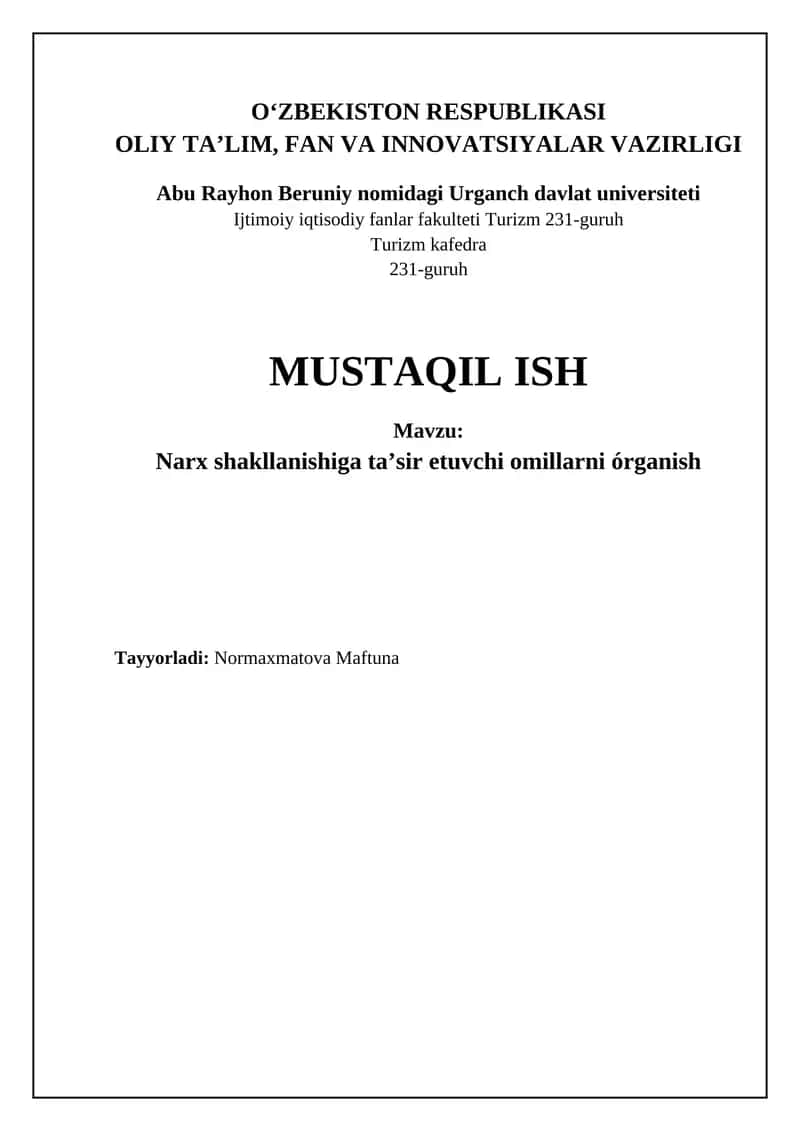 Narx shakllanishiga ta’sir etuvchi omillarni órganish