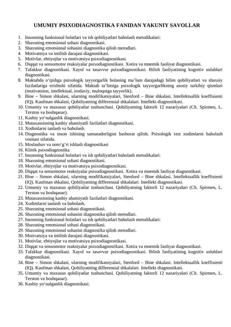 UMUMIY PSIXODIAGNOSTIKA FANIDAN YAKUNIY SAVOLLAR