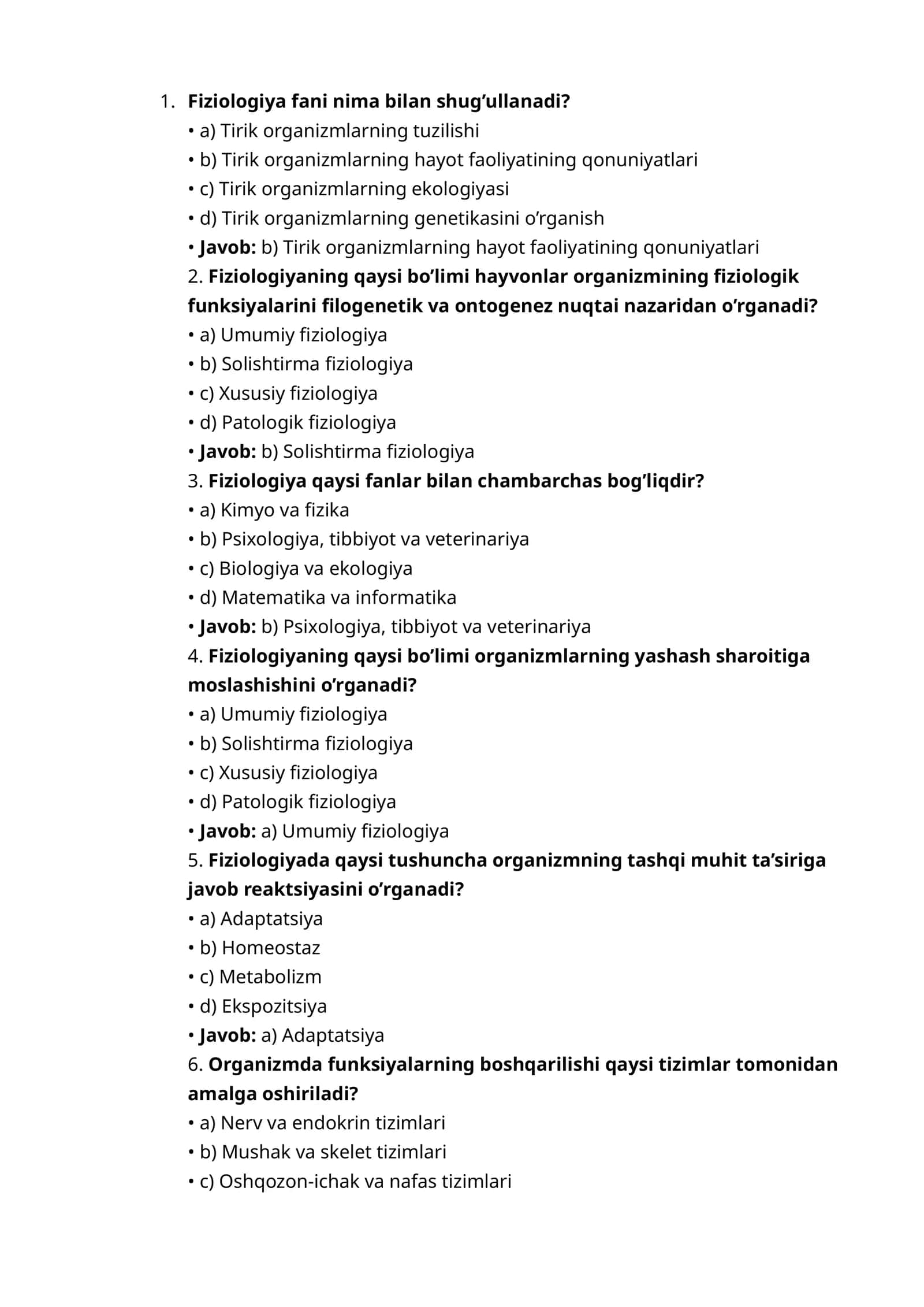 Fiziologiya fani nima bilan shug’ullanadi?
