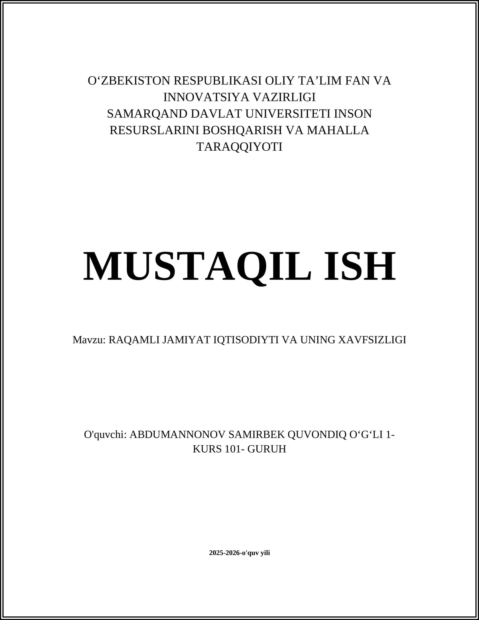 RAQAMLI JAMIYAT IQTISODIYTI VA UNING XAVFSIZLIGI