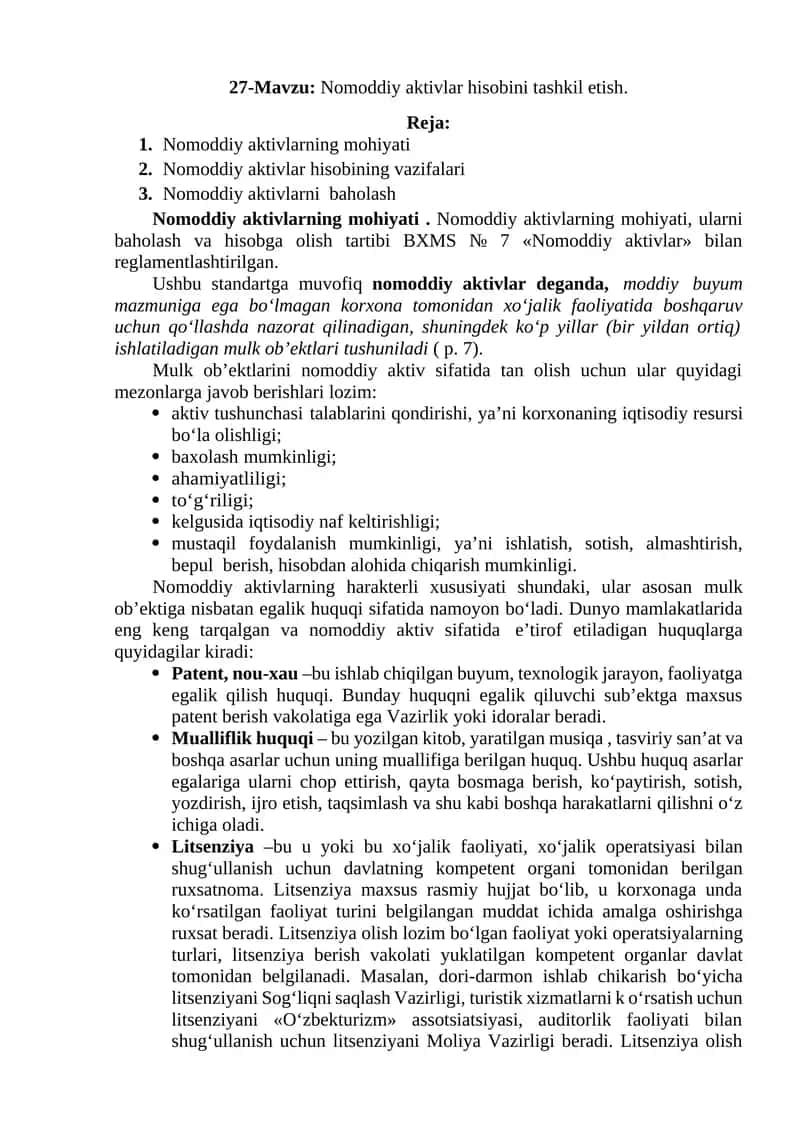 Nomoddiy aktivlar hisobini tashkil etish
