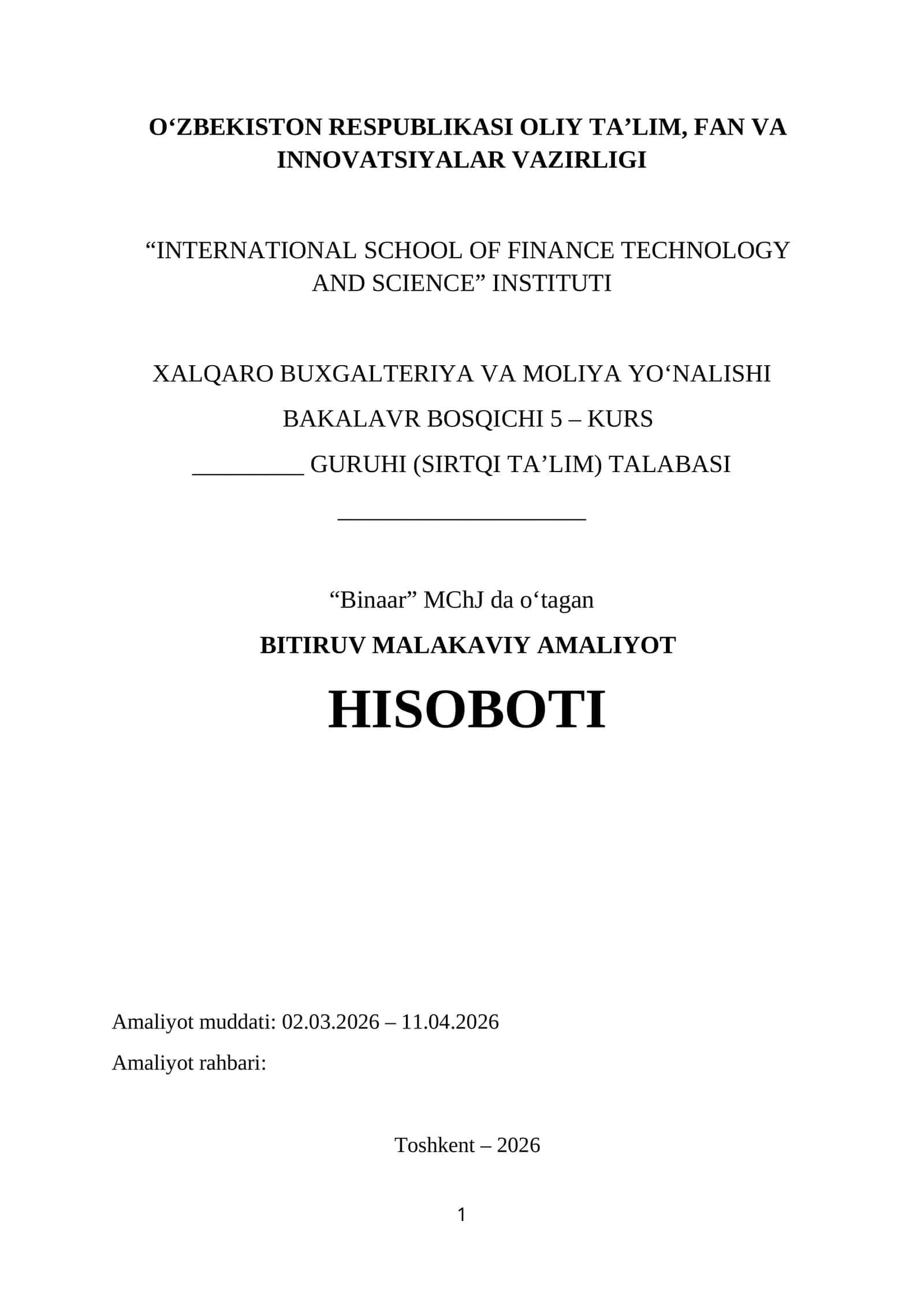 Qurilish mollari savdo sotiq mchj boʻyicha Bitiruv Malakaviy Amaliyot Hisoboti.
