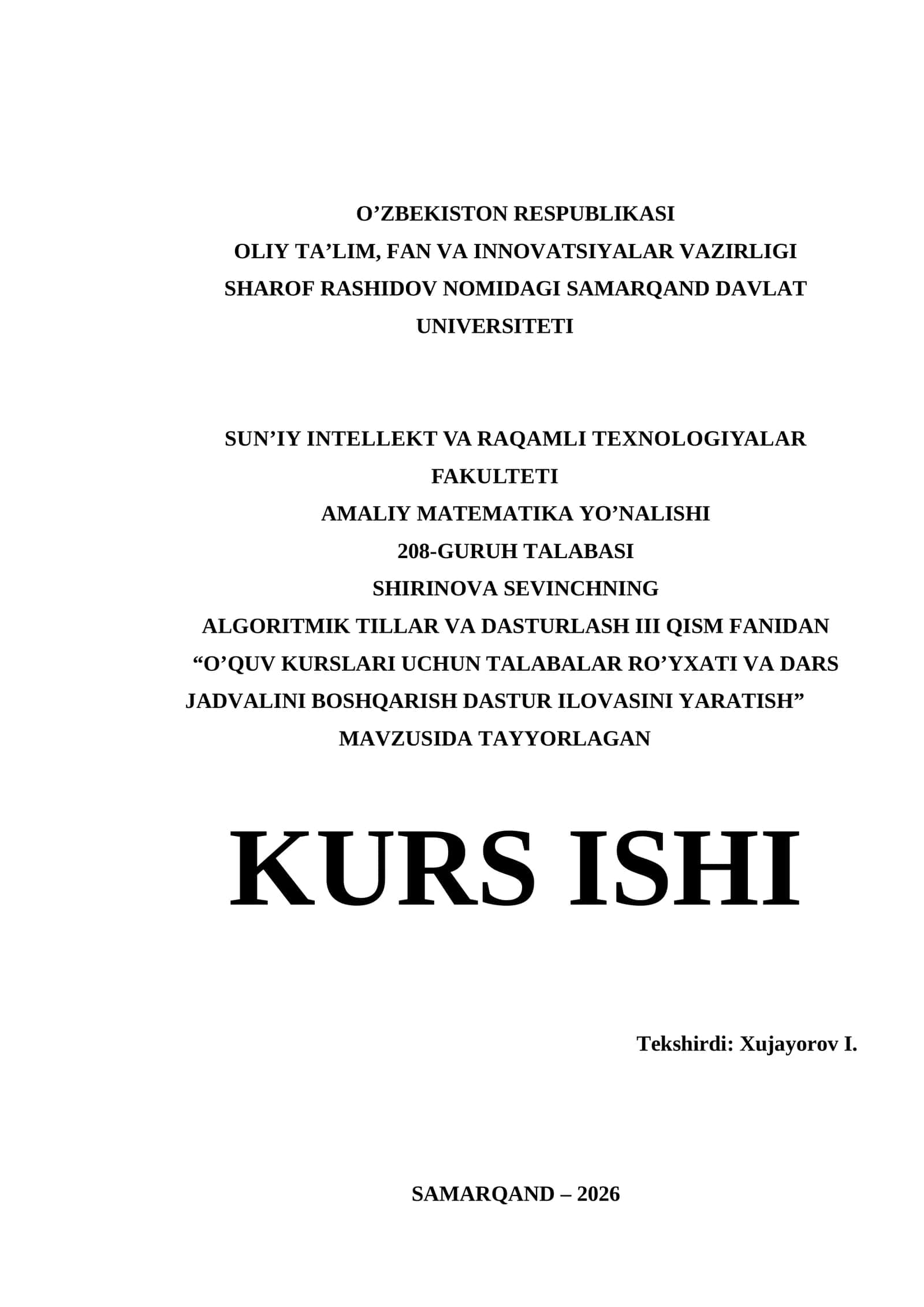 Visual Studio muhitida dasturlash | Kurs ishi - O’QUV KURSLARI UCHUN TALABALAR RO’YXATI VA DARS JADVALINI BOSHQARISH DASTUR ILOVASINI YARATISH