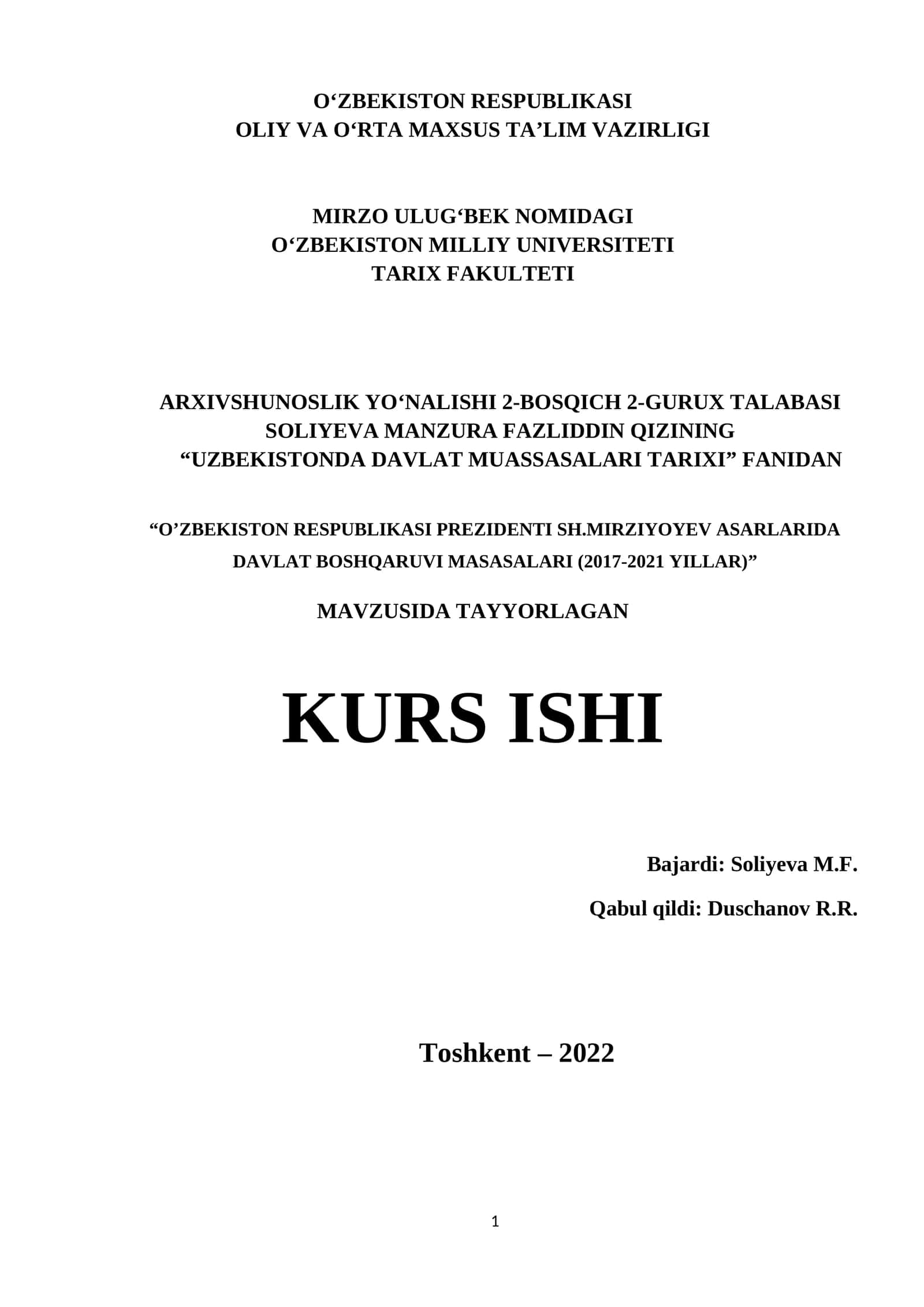 "O‘ZBEKISTON RESPUBLIKASI PREZIDENTI SH.MIRZIYOYEV ASARLARIDA DAVLAT BOSHQARUVI MASASALARI (2017-2021 YILLAR)"